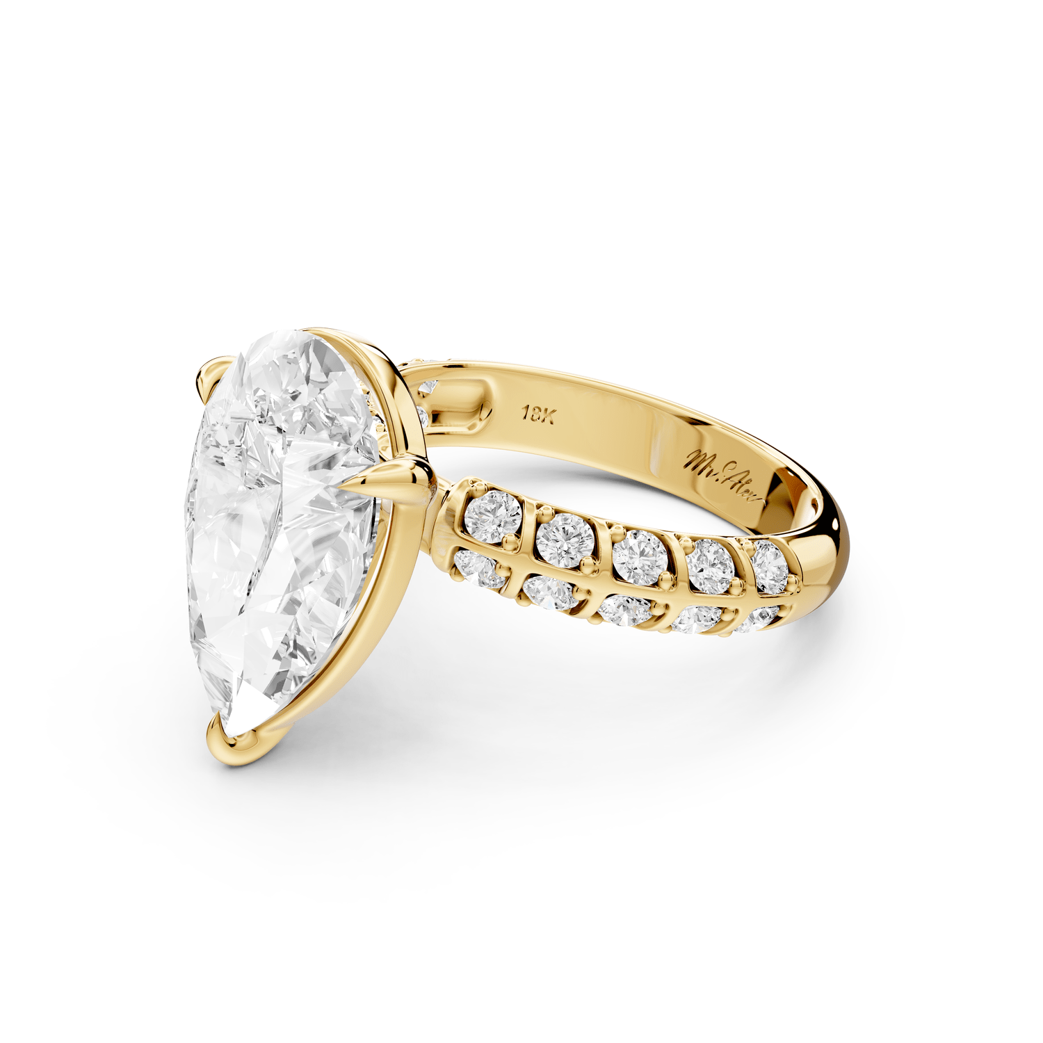 Jessica - 5ct 18k yellow gold Pear Split-Shank Engagement Ring with Double-Row Shared-Prong Pavé Band - Mr. Alex Jewelry