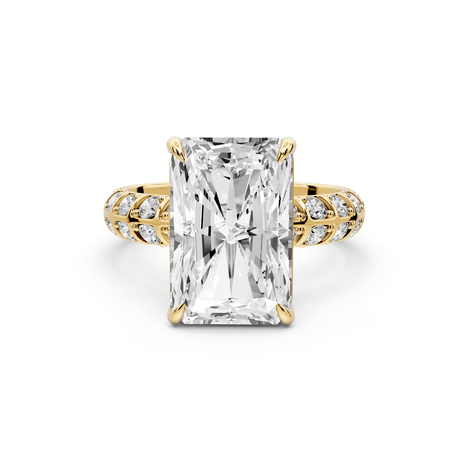 Jessica - 5ct 18k yellow gold Radiant Split-Shank Engagement Ring with Double-Row Shared-Prong Pavé Band - Mr. Alex Jewelry