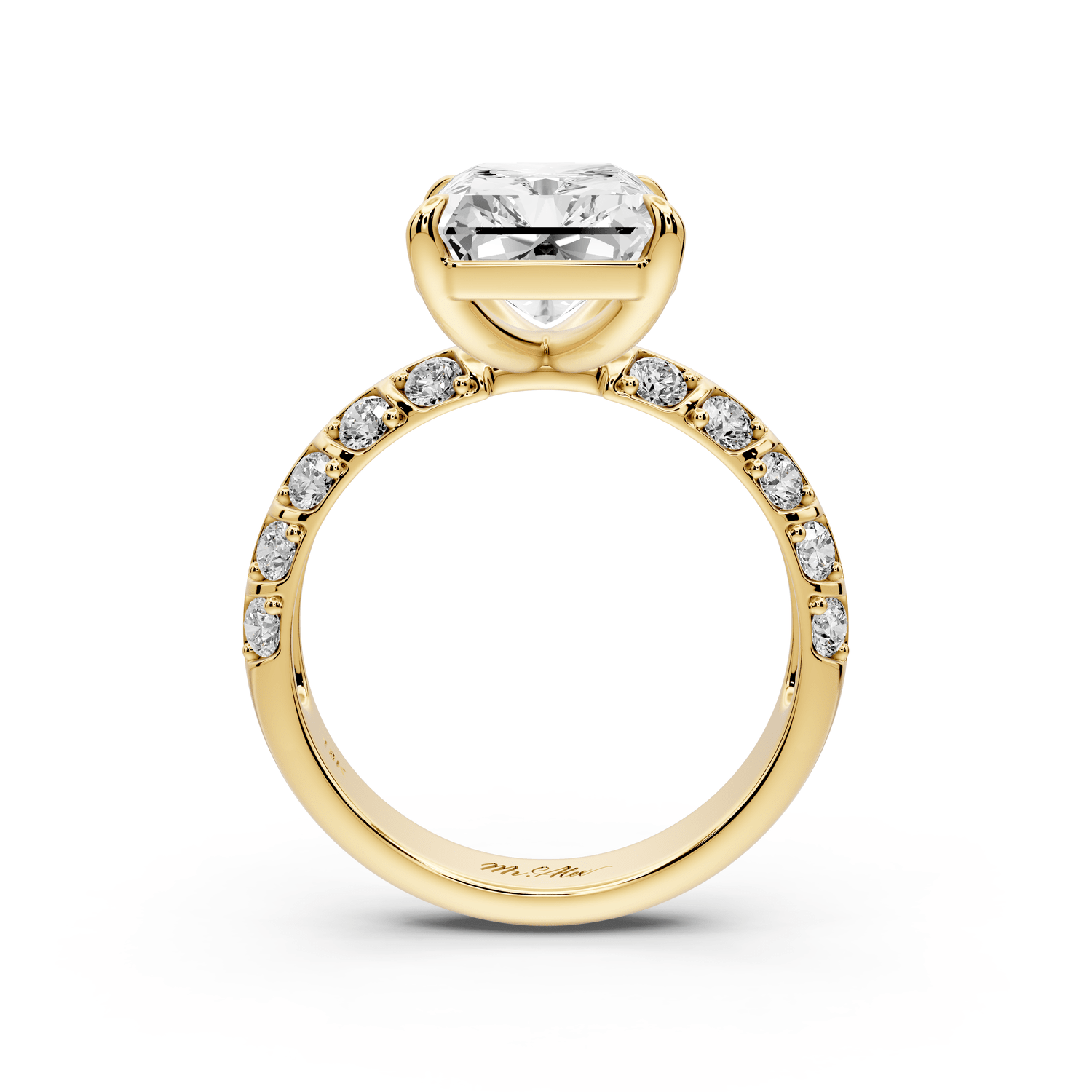 Jessica - 5ct 18k yellow gold Radiant Split-Shank Engagement Ring with Double-Row Shared-Prong Pavé Band - Mr. Alex Jewelry