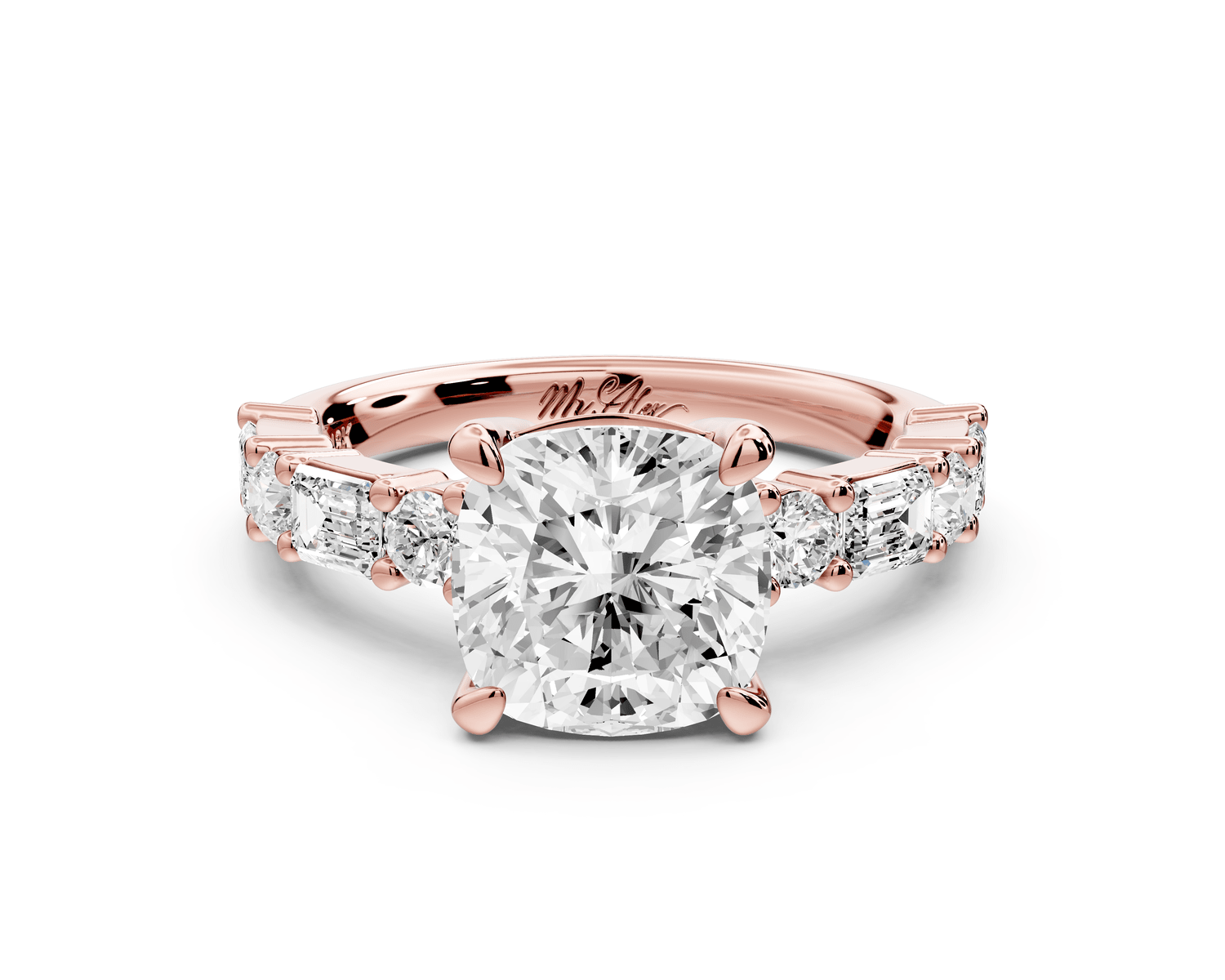 Juliette - 2ct 14k rose gold cushion with Alternating Round and Emerald 8 - Stone Band Engagement Ring - Mr. Alex Jewelry
