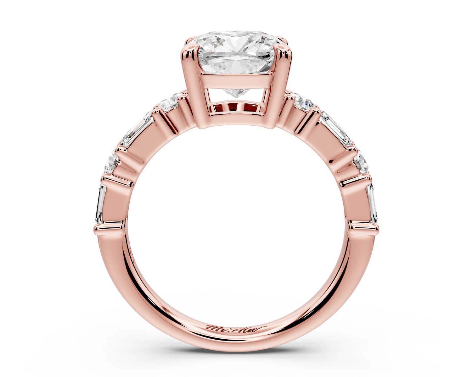 Juliette - 2ct 14k rose gold cushion with Alternating Round and Emerald 8 - Stone Band Engagement Ring - Mr. Alex Jewelry