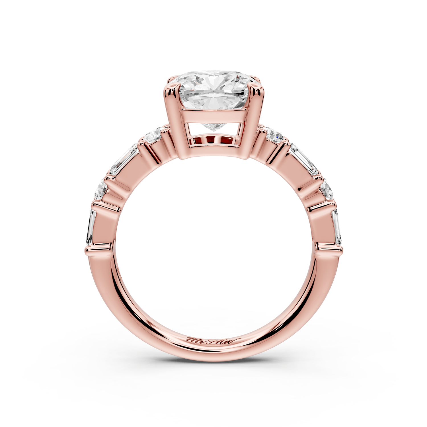 Juliette - 2ct 14k rose gold cushion with Alternating Round and Emerald 8 - Stone Band Engagement Ring - Mr. Alex Jewelry