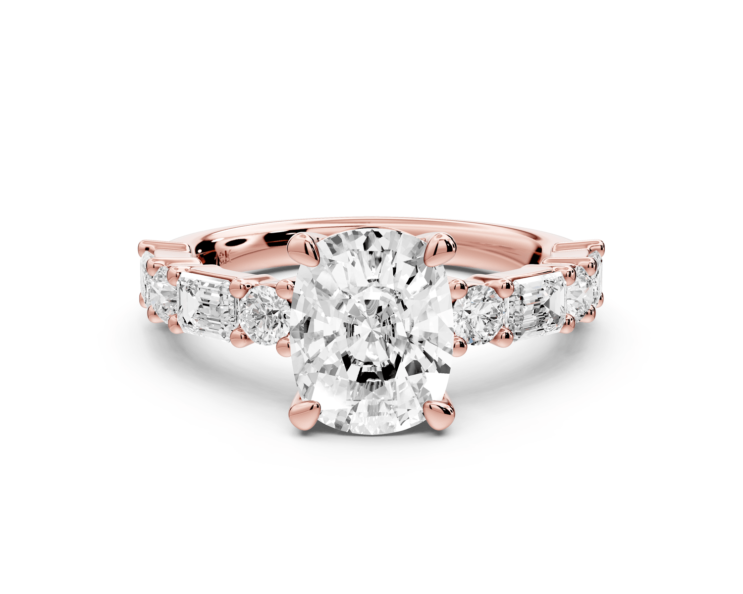 Juliette - 2ct 14k rose gold ecushion with Alternating Round and Emerald 8 - Stone Band Engagement Ring - Mr. Alex Jewelry