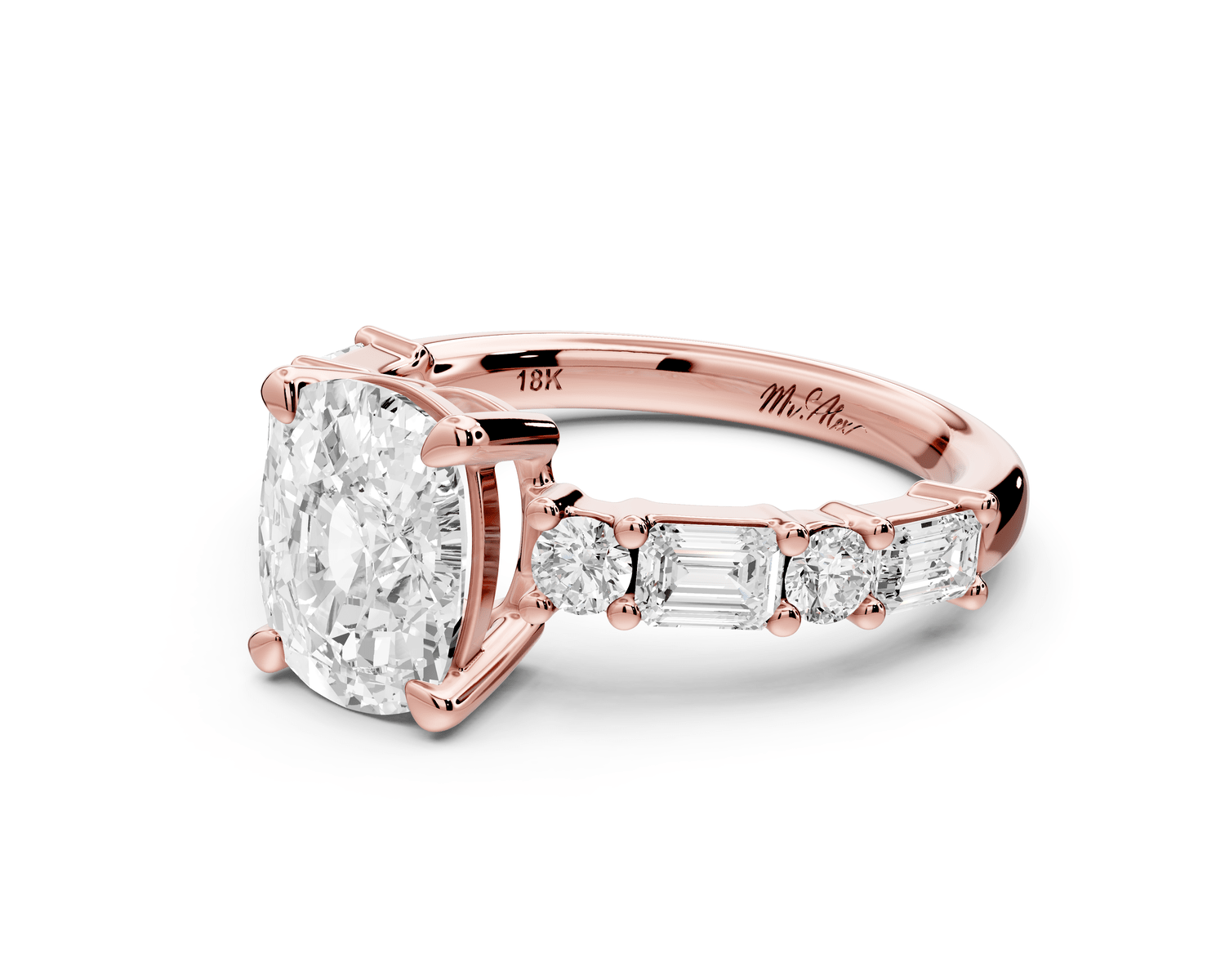 Juliette - 2ct 14k rose gold ecushion with Alternating Round and Emerald 8 - Stone Band Engagement Ring - Mr. Alex Jewelry