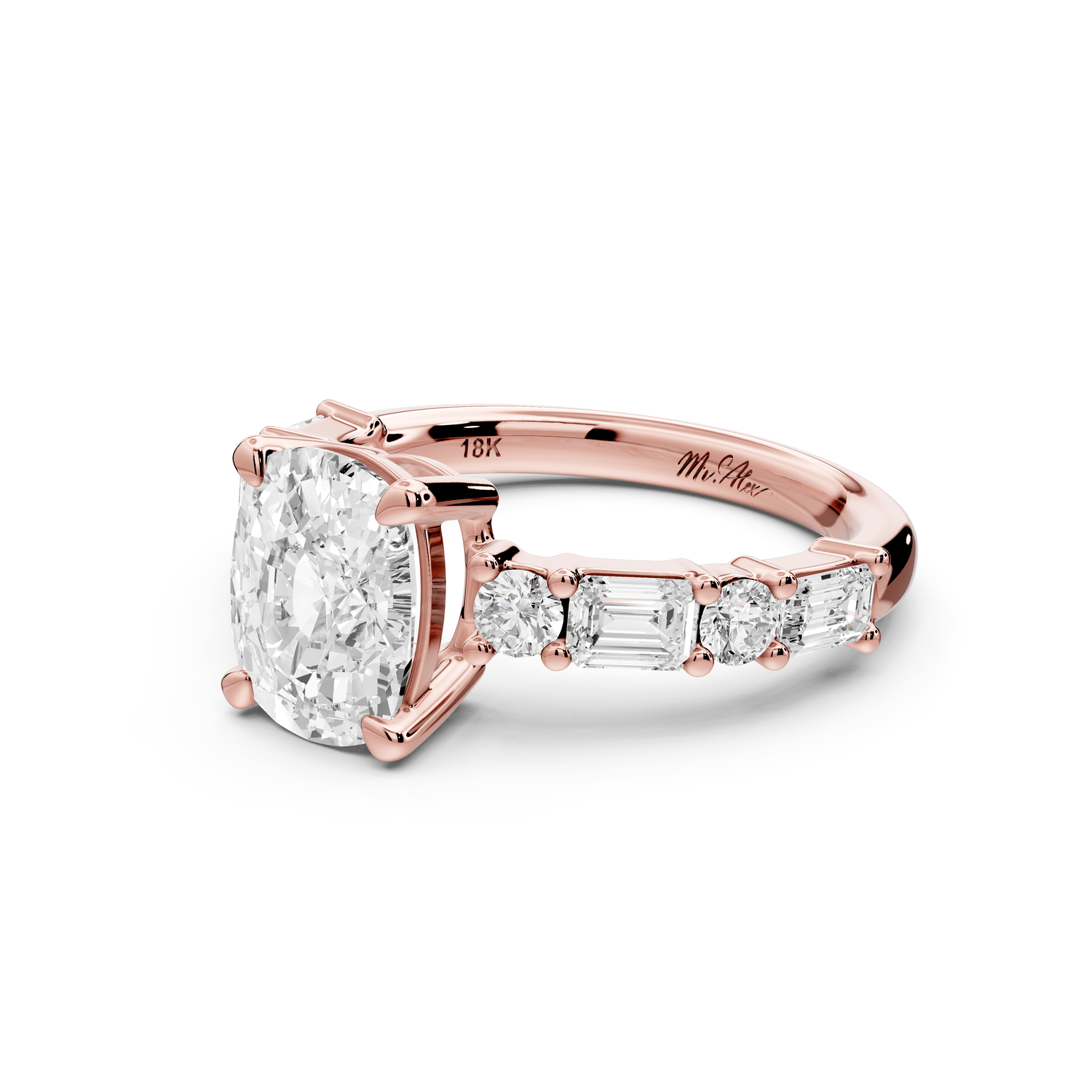 Juliette - 2ct 14k rose gold ecushion with Alternating Round and Emerald 8 - Stone Band Engagement Ring - Mr. Alex Jewelry