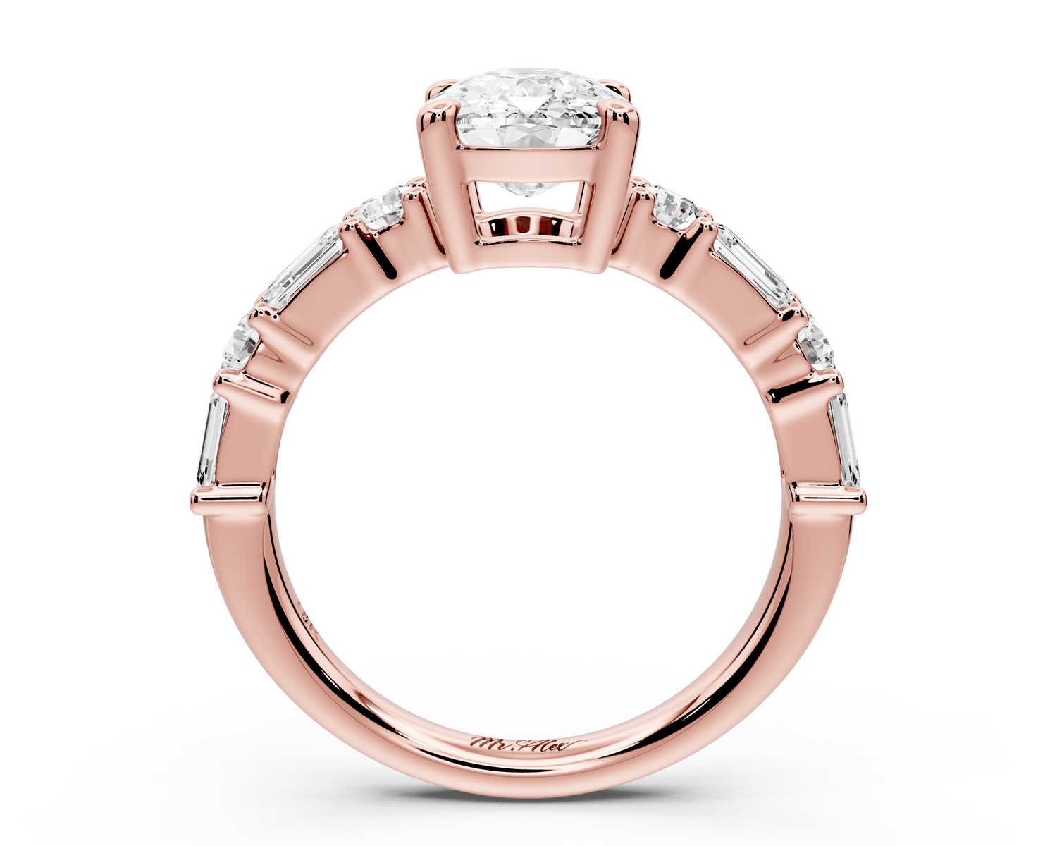 Juliette - 2ct 14k rose gold ecushion with Alternating Round and Emerald 8 - Stone Band Engagement Ring - Mr. Alex Jewelry