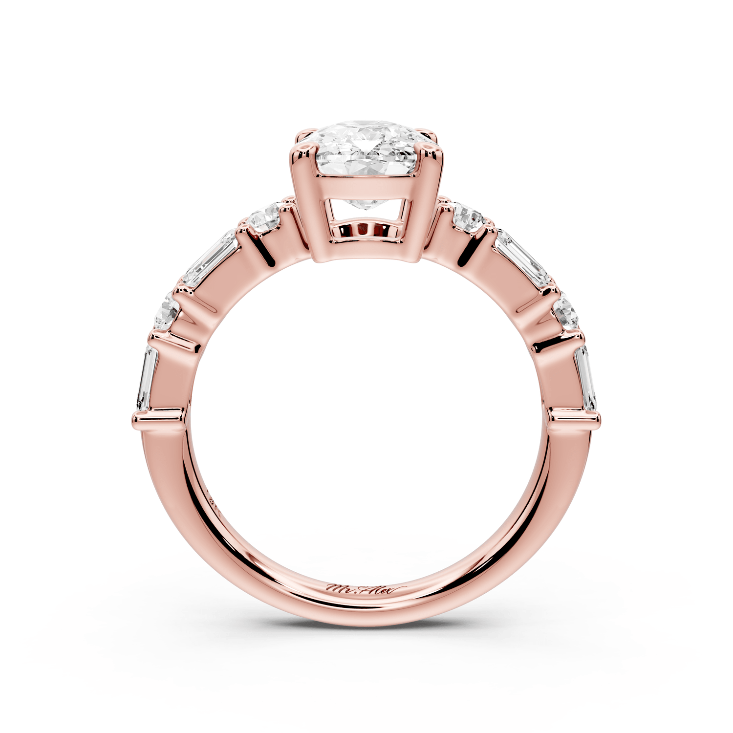 Juliette - 2ct 14k rose gold ecushion with Alternating Round and Emerald 8 - Stone Band Engagement Ring - Mr. Alex Jewelry