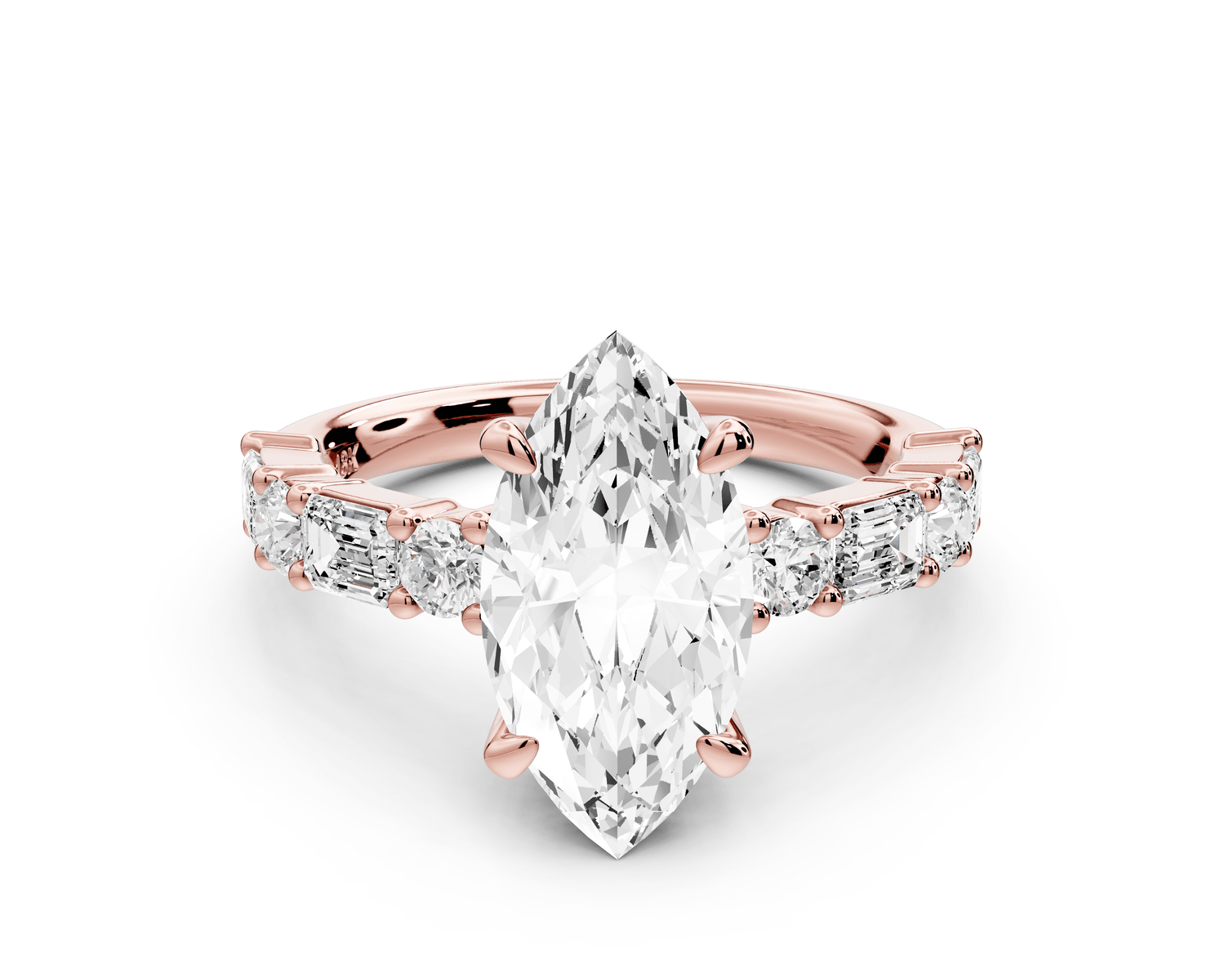 Juliette - 2ct 14k rose gold marquise with Alternating Round and Emerald 8 - Stone Band Engagement Ring - Mr. Alex Jewelry