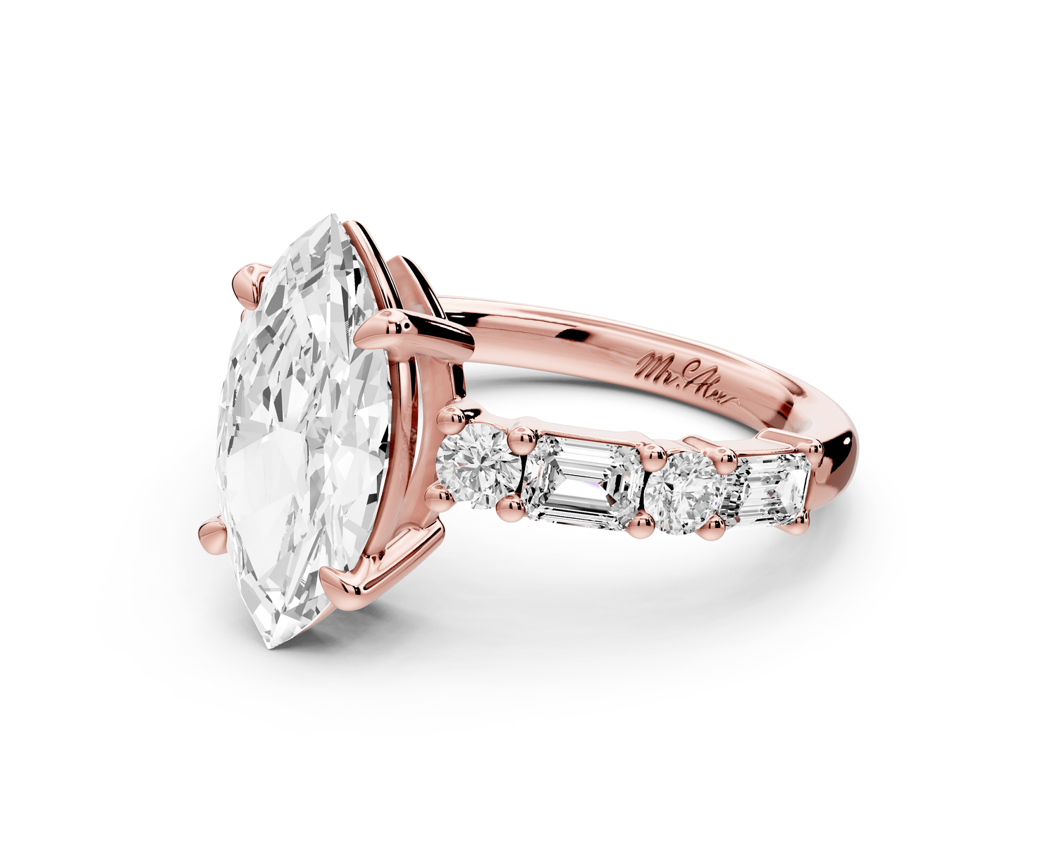 Juliette - 2ct 14k rose gold marquise with Alternating Round and Emerald 8 - Stone Band Engagement Ring - Mr. Alex Jewelry