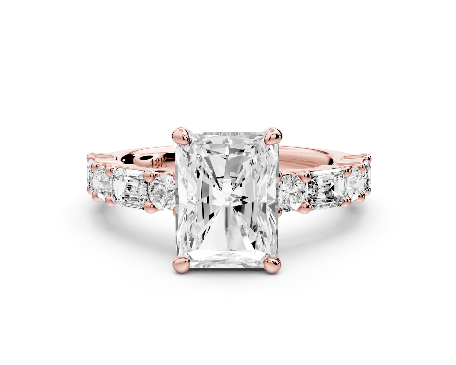 Juliette - 2ct 14k rose gold radiant with Alternating Round and Emerald 8 - Stone Band Engagement Ring - Mr. Alex Jewelry
