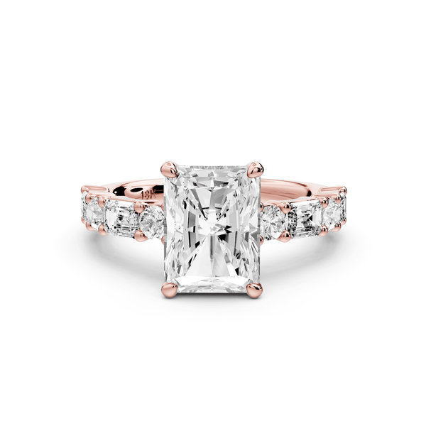 Juliette - 2ct 14k rose gold radiant with Alternating Round and Emerald 8 - Stone Band Engagement Ring - Mr. Alex Jewelry