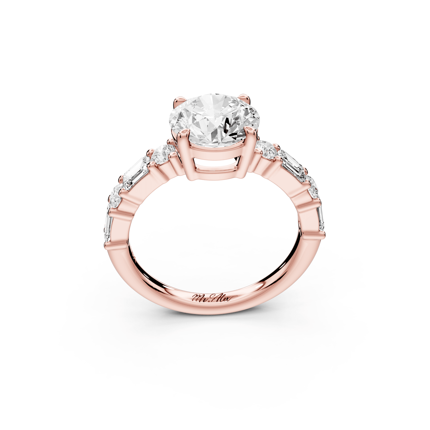 Juliette - 2ct 14k rose gold round with Alternating Round and Emerald 8 - Stone Band Engagement Ring - Mr. Alex Jewelry