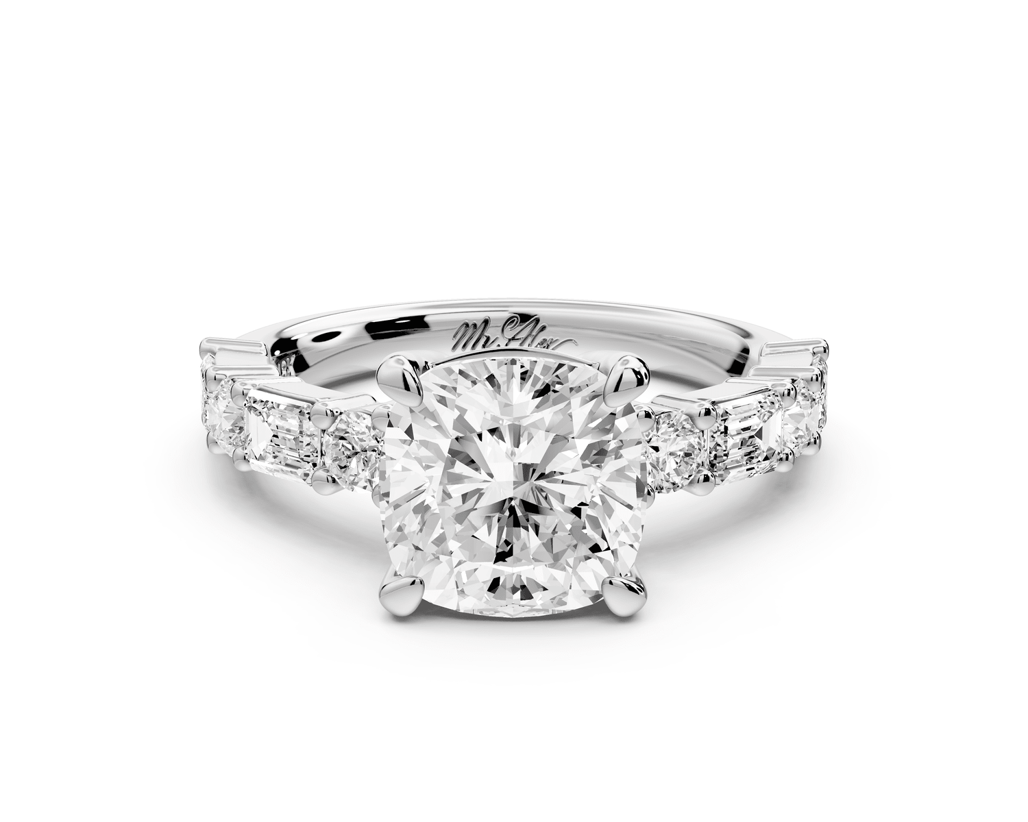 Juliette - 2ct 14k white gold cushion with Alternating Round and Emerald 8 - Stone Band Engagement Ring - Mr. Alex Jewelry