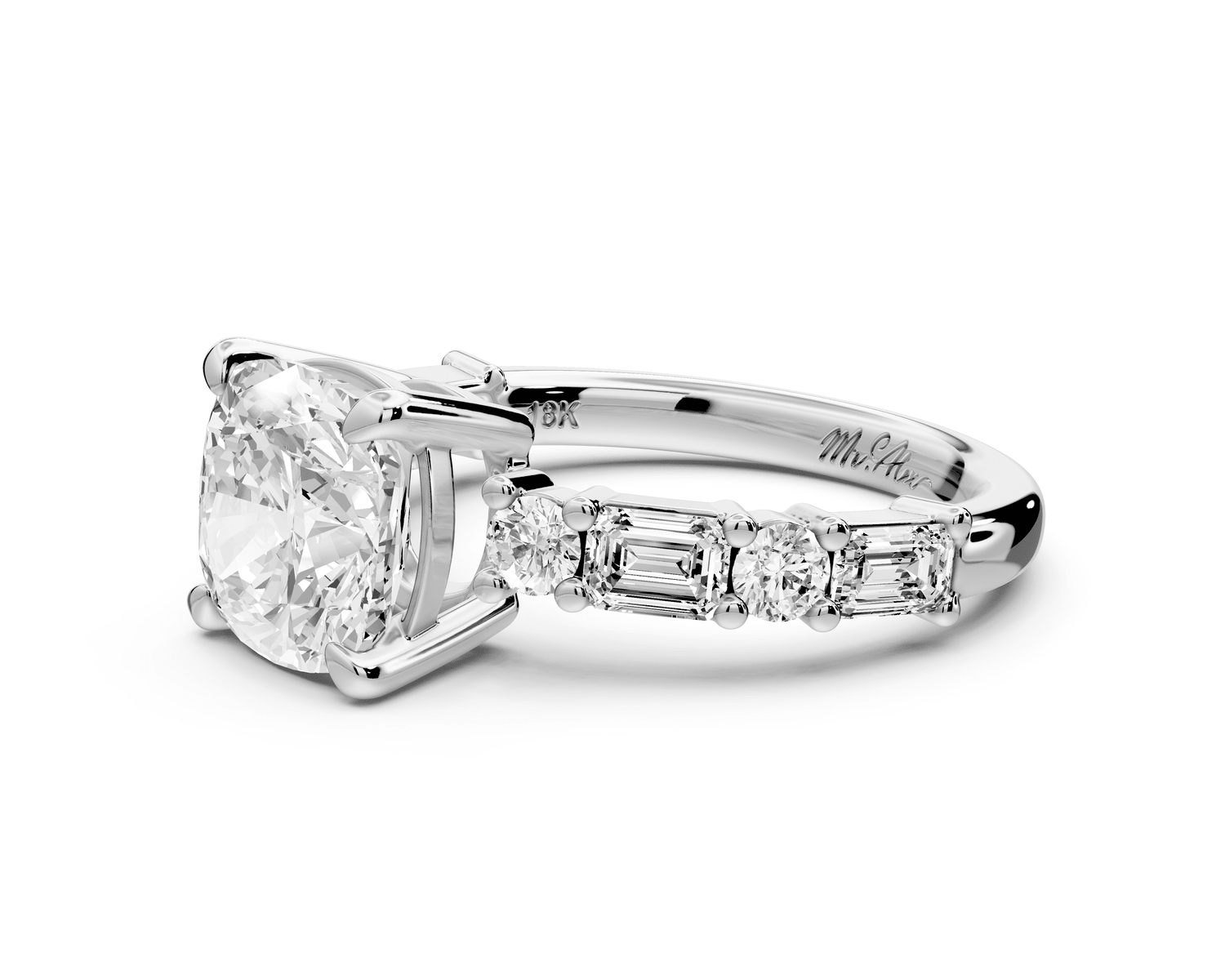 Juliette - 2ct 14k white gold cushion with Alternating Round and Emerald 8 - Stone Band Engagement Ring - Mr. Alex Jewelry