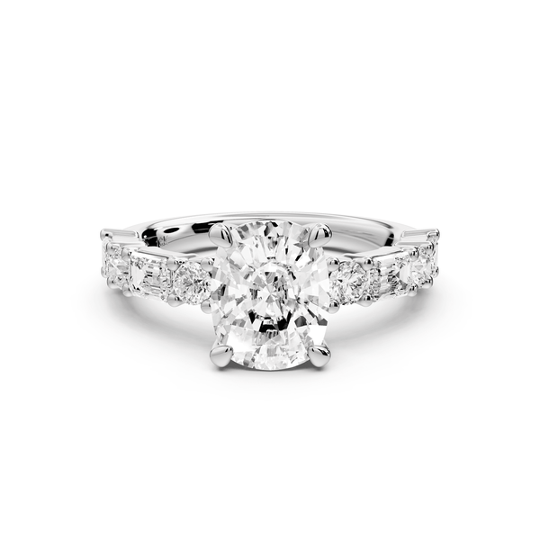 Juliette - 2ct 14k white gold ecushion with Alternating Round and Emerald 8 - Stone Band Engagement Ring - Mr. Alex Jewelry