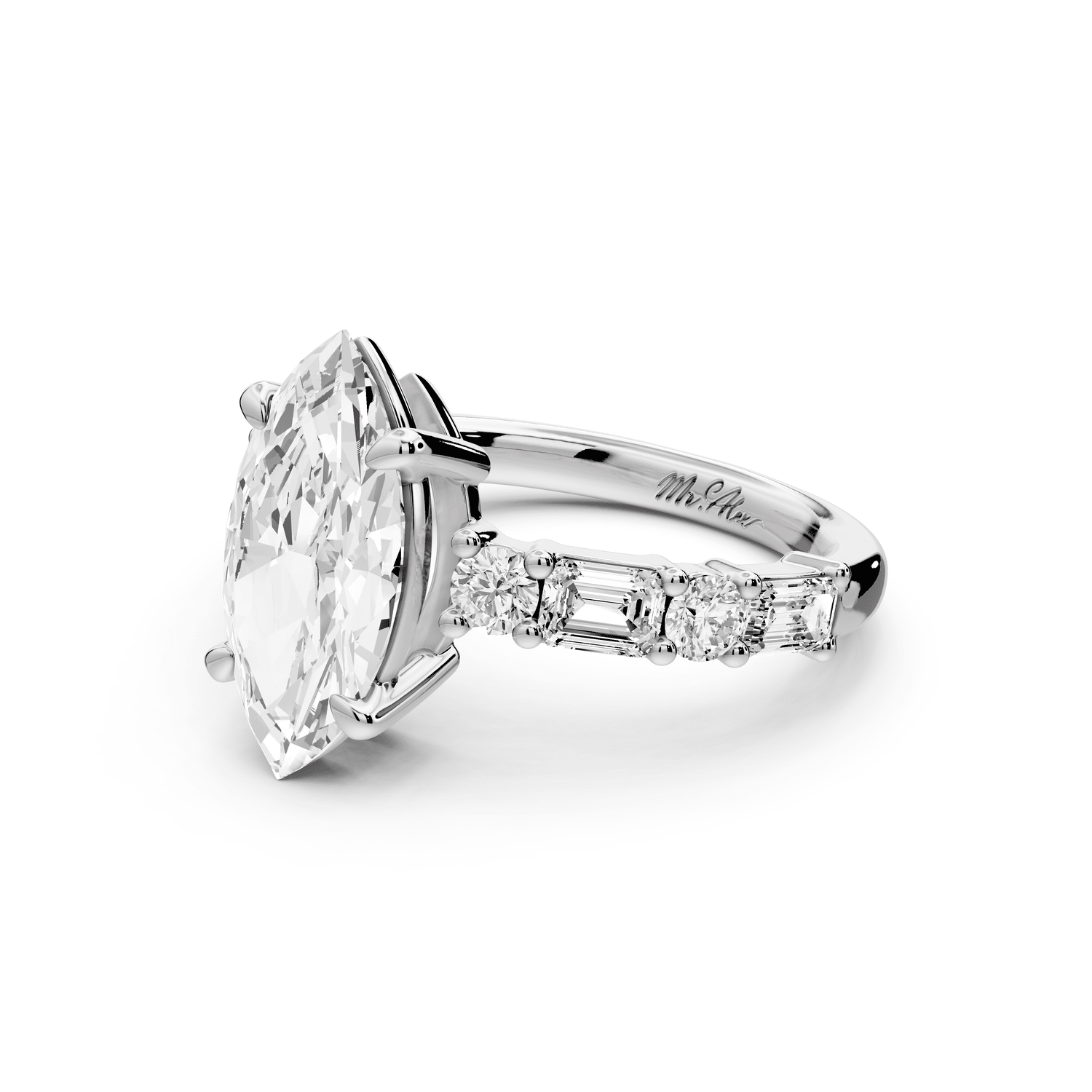 Juliette - 2ct 14k white gold marquise with Alternating Round and Emerald 8 - Stone Band Engagement Ring - Mr. Alex Jewelry