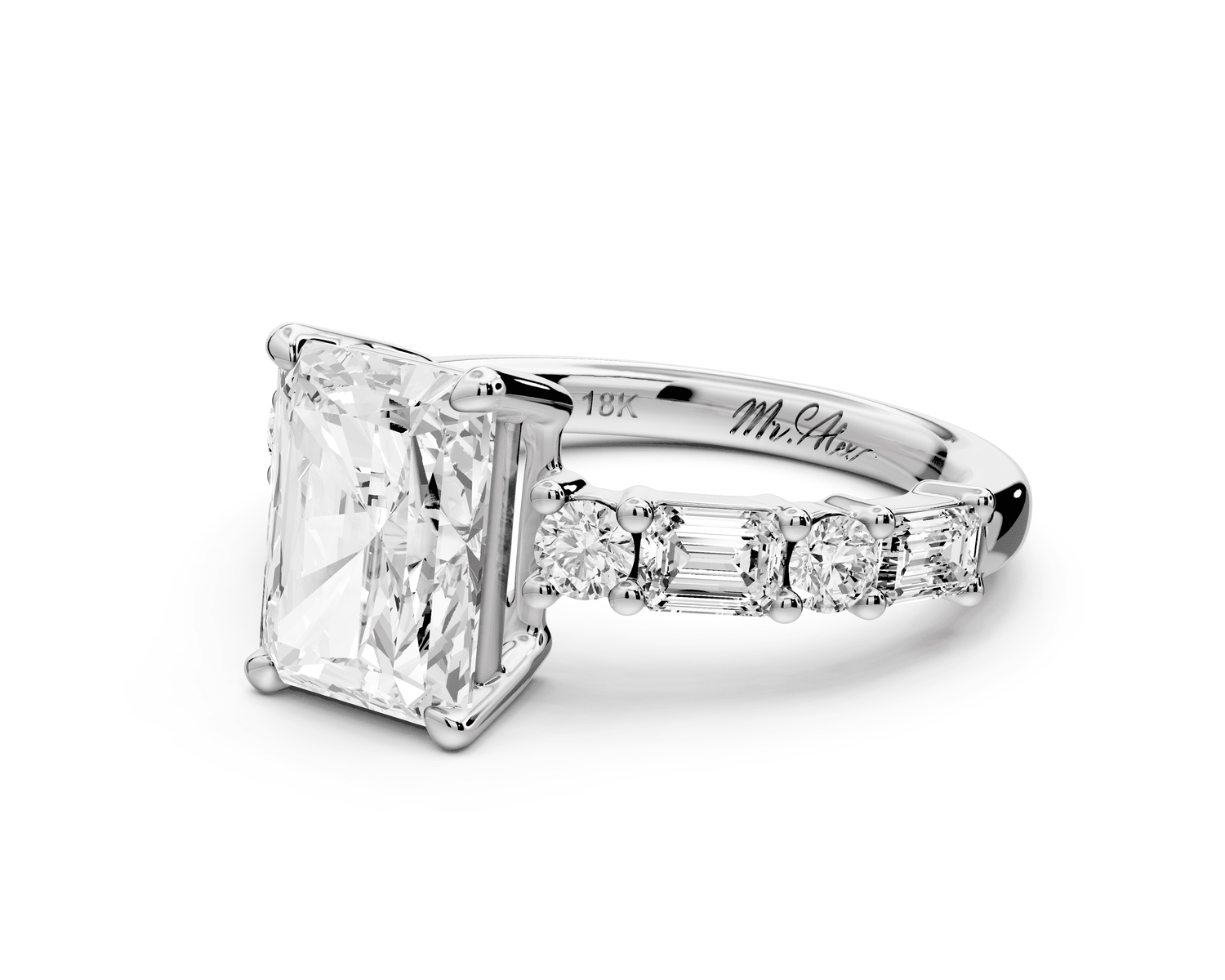 Juliette - 2ct 14k white gold radiant with Alternating Round and Emerald 8 - Stone Band Engagement Ring - Mr. Alex Jewelry