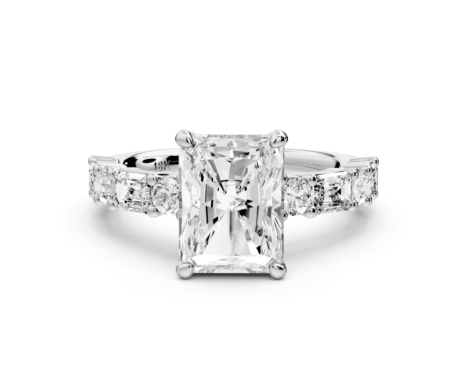Juliette - 2ct 14k white gold radiant with Alternating Round and Emerald 8 - Stone Band Engagement Ring - Mr. Alex Jewelry