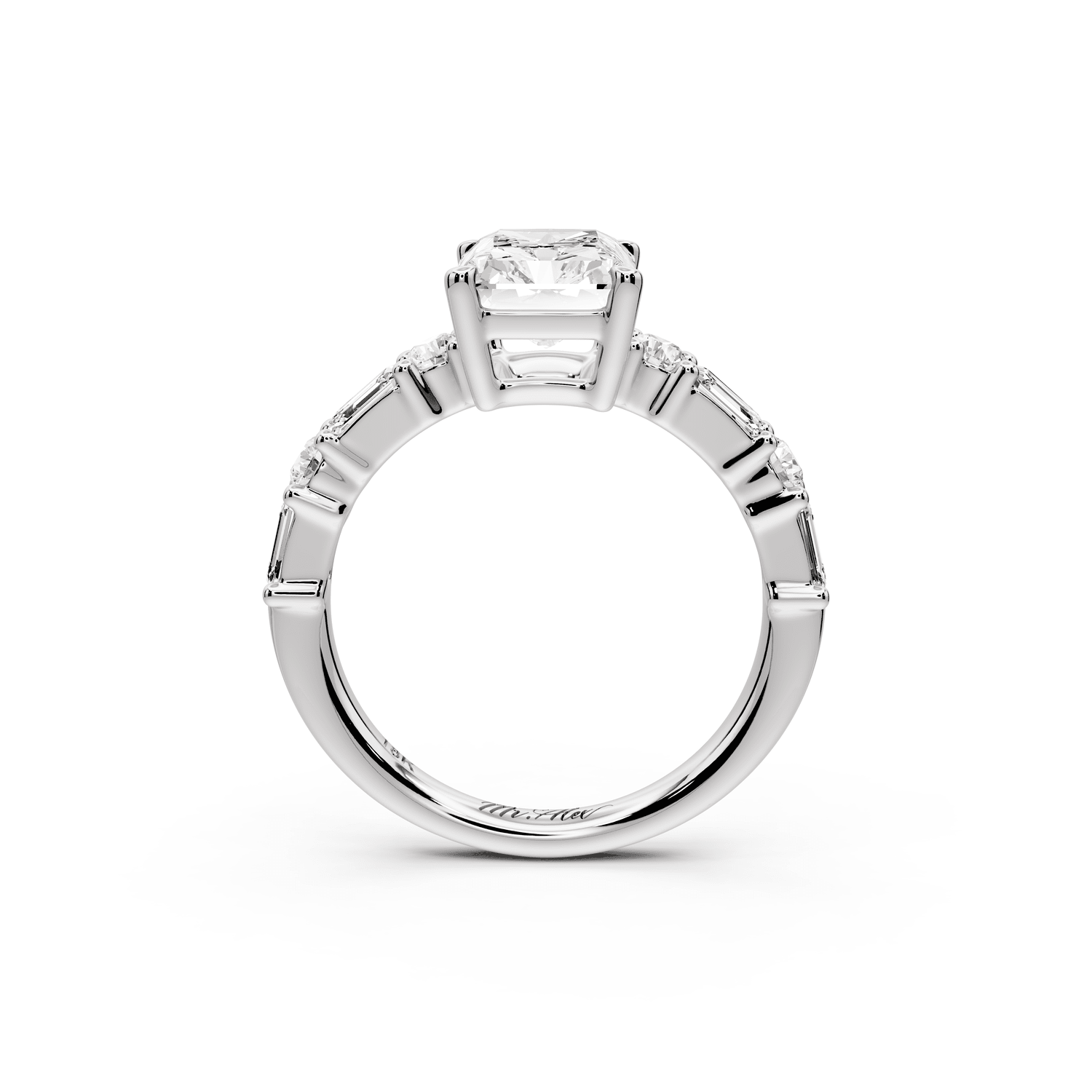 Juliette - 2ct 14k white gold radiant with Alternating Round and Emerald 8 - Stone Band Engagement Ring - Mr. Alex Jewelry