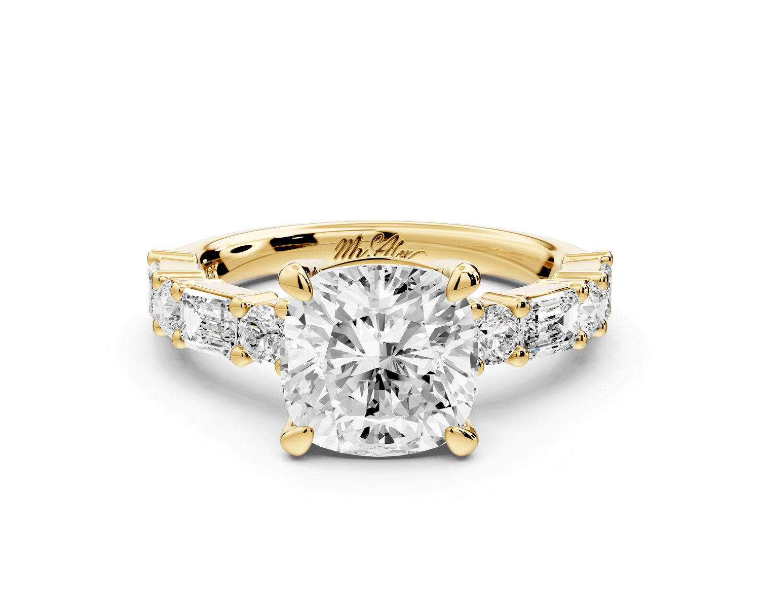 Juliette - 2ct 14k yellow gold cushion with Alternating Round and Emerald 8 - Stone Band Engagement Ring - Mr. Alex Jewelry