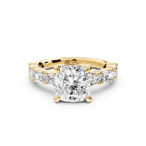 Juliette - 2ct 14k yellow gold cushion with Alternating Round and Emerald 8 - Stone Band Engagement Ring - Mr. Alex Jewelry