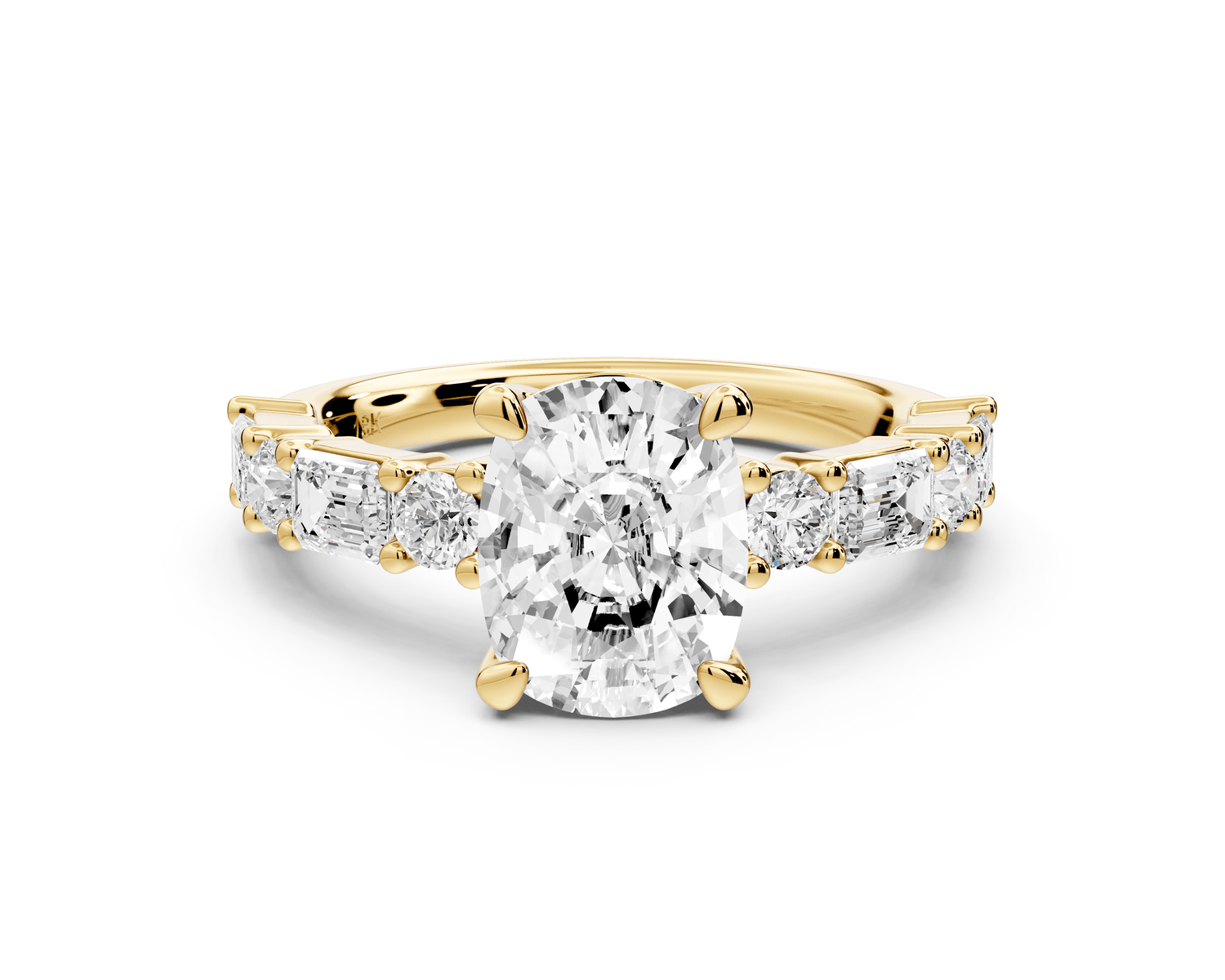 Juliette - 2ct 14k yellow gold ecushion with Alternating Round and Emerald 8 - Stone Band Engagement Ring - Mr. Alex Jewelry