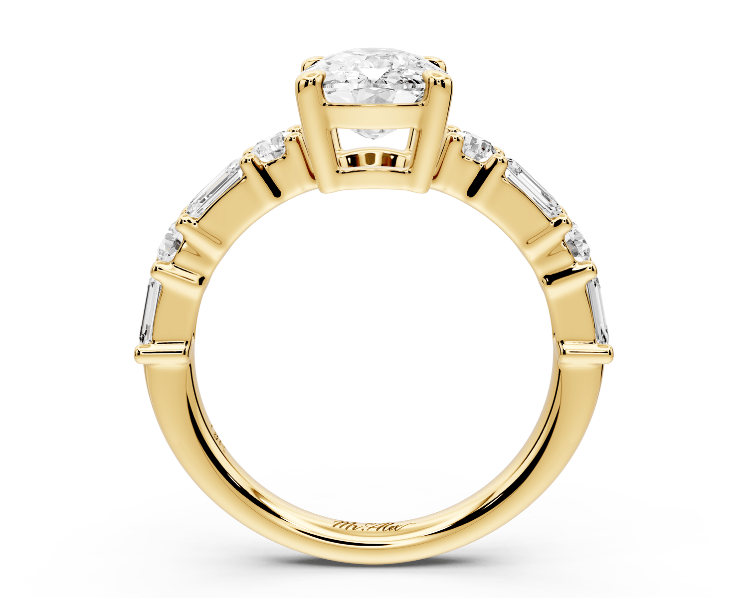 Juliette - 2ct 14k yellow gold ecushion with Alternating Round and Emerald 8 - Stone Band Engagement Ring - Mr. Alex Jewelry