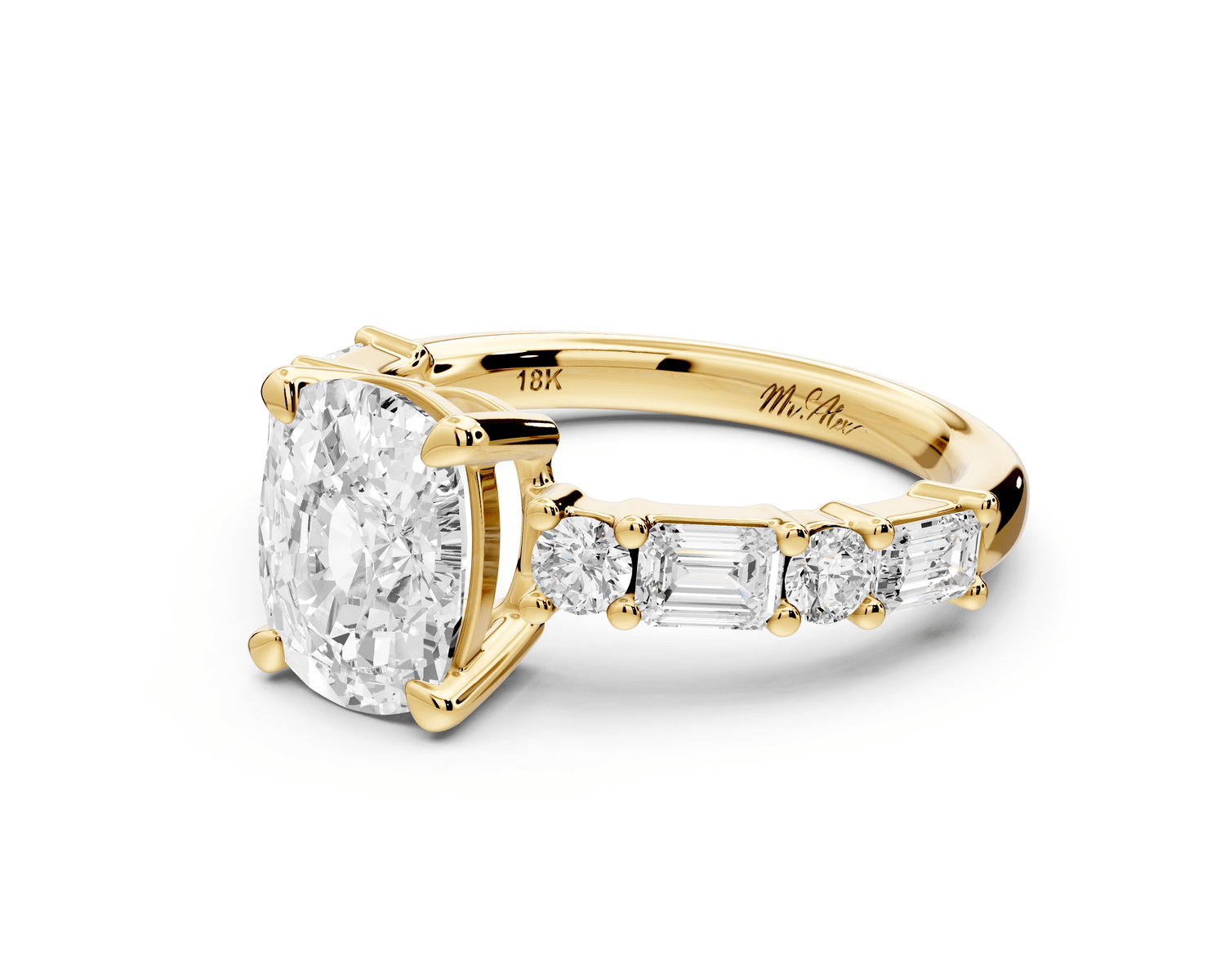 Juliette - 2ct 14k yellow gold ecushion with Alternating Round and Emerald 8 - Stone Band Engagement Ring - Mr. Alex Jewelry
