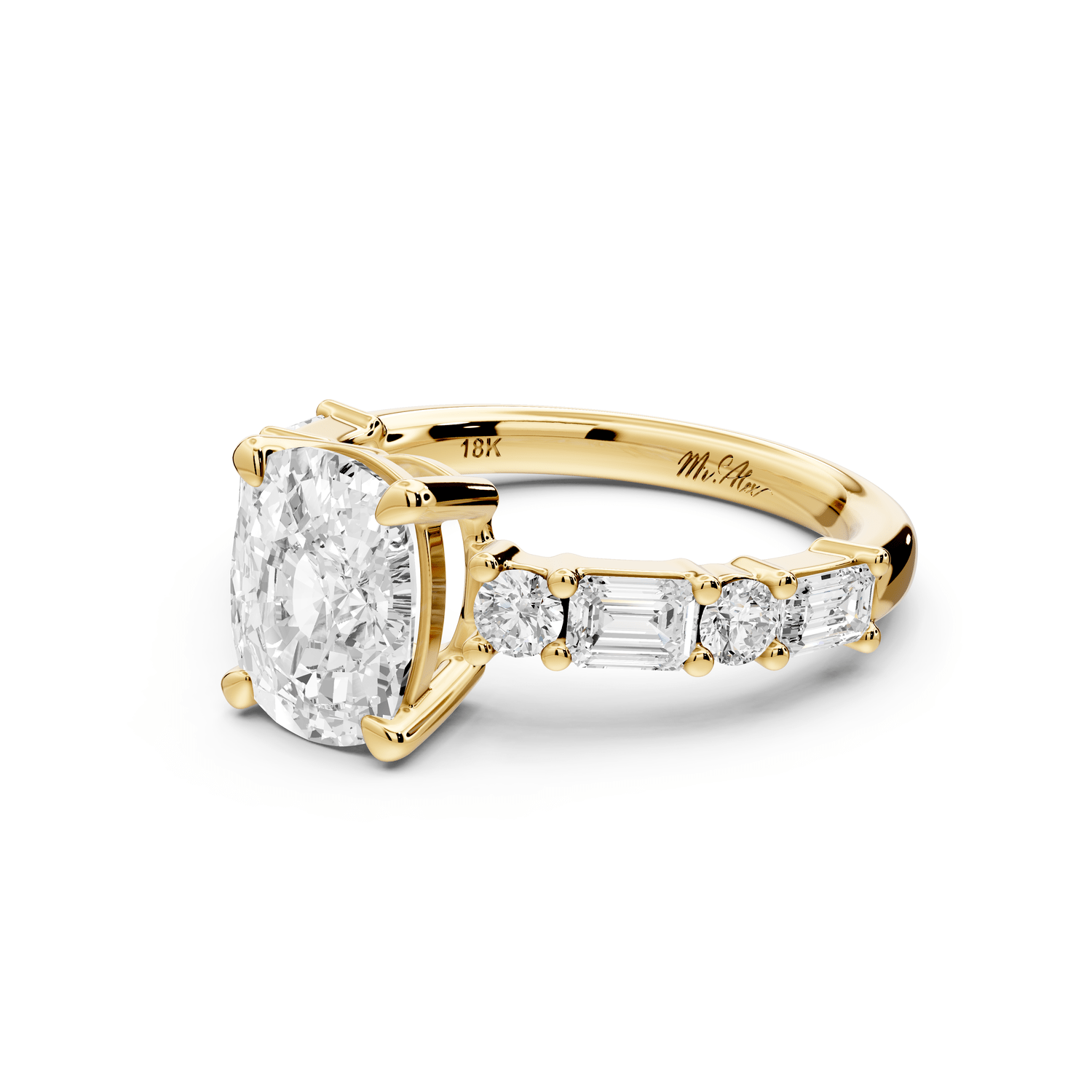 Juliette - 2ct 14k yellow gold ecushion with Alternating Round and Emerald 8 - Stone Band Engagement Ring - Mr. Alex Jewelry