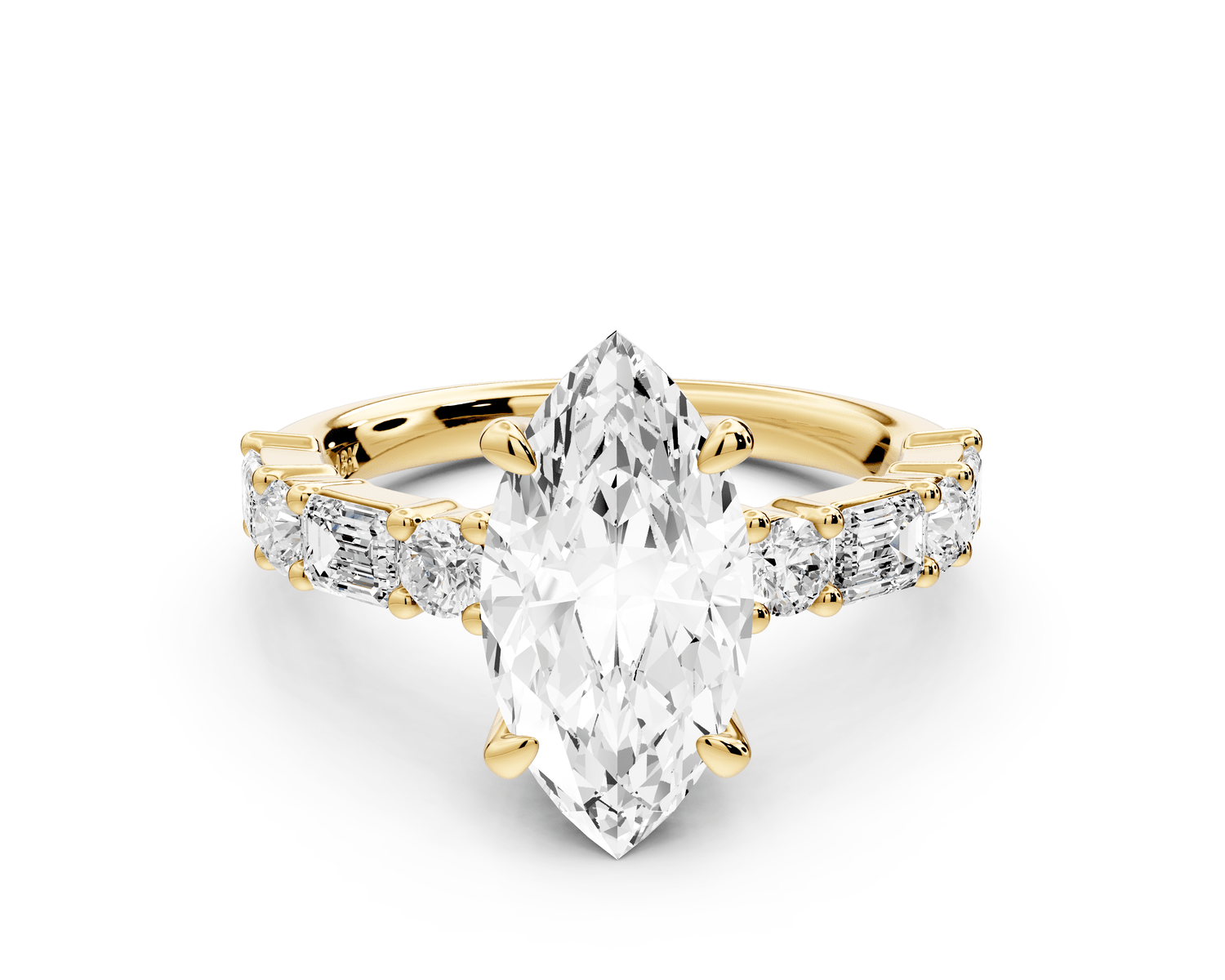 Juliette - 2ct 14k yellow gold marquise with Alternating Round and Emerald 8 - Stone Band Engagement Ring - Mr. Alex Jewelry