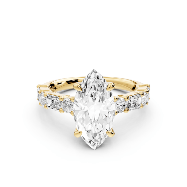 Juliette - 2ct 14k yellow gold marquise with Alternating Round and Emerald 8 - Stone Band Engagement Ring - Mr. Alex Jewelry