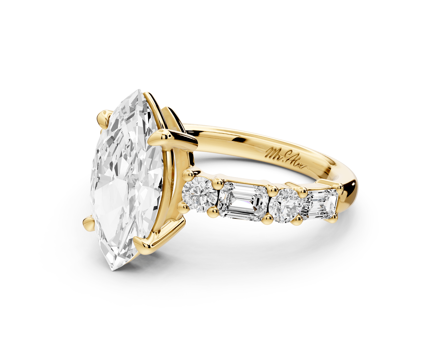 Juliette - 2ct 14k yellow gold marquise with Alternating Round and Emerald 8 - Stone Band Engagement Ring - Mr. Alex Jewelry