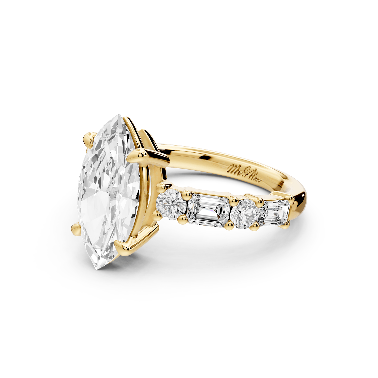 Juliette - 2ct 14k yellow gold marquise with Alternating Round and Emerald 8 - Stone Band Engagement Ring - Mr. Alex Jewelry