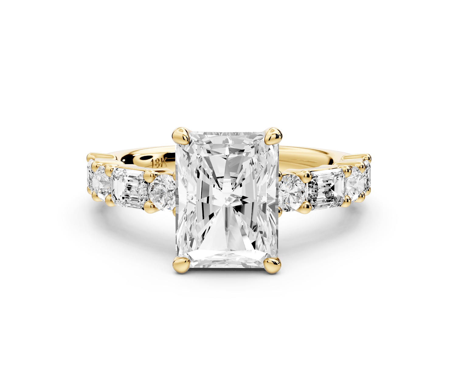 Juliette - 2ct 14k yellow gold radiant with Alternating Round and Emerald 8 - Stone Band Engagement Ring - Mr. Alex Jewelry