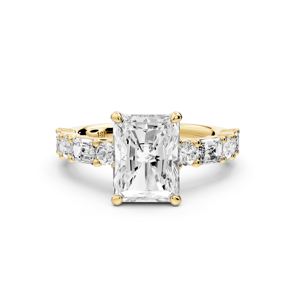 Juliette - 2ct 14k yellow gold radiant with Alternating Round and Emerald 8 - Stone Band Engagement Ring - Mr. Alex Jewelry