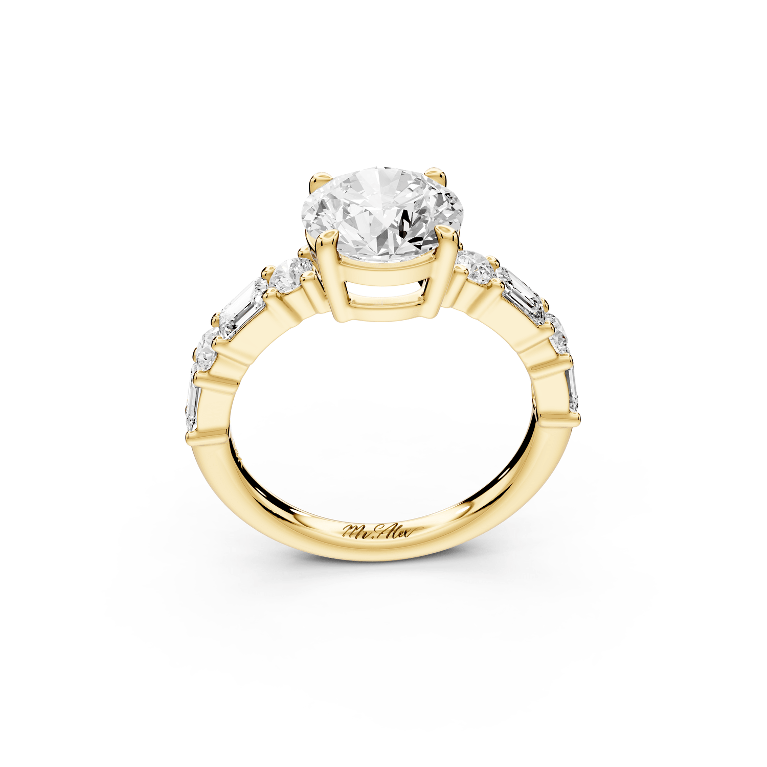 Juliette - 2ct 14k yellow gold round with Alternating Round and Emerald 8 - Stone Band Engagement Ring - Mr. Alex Jewelry