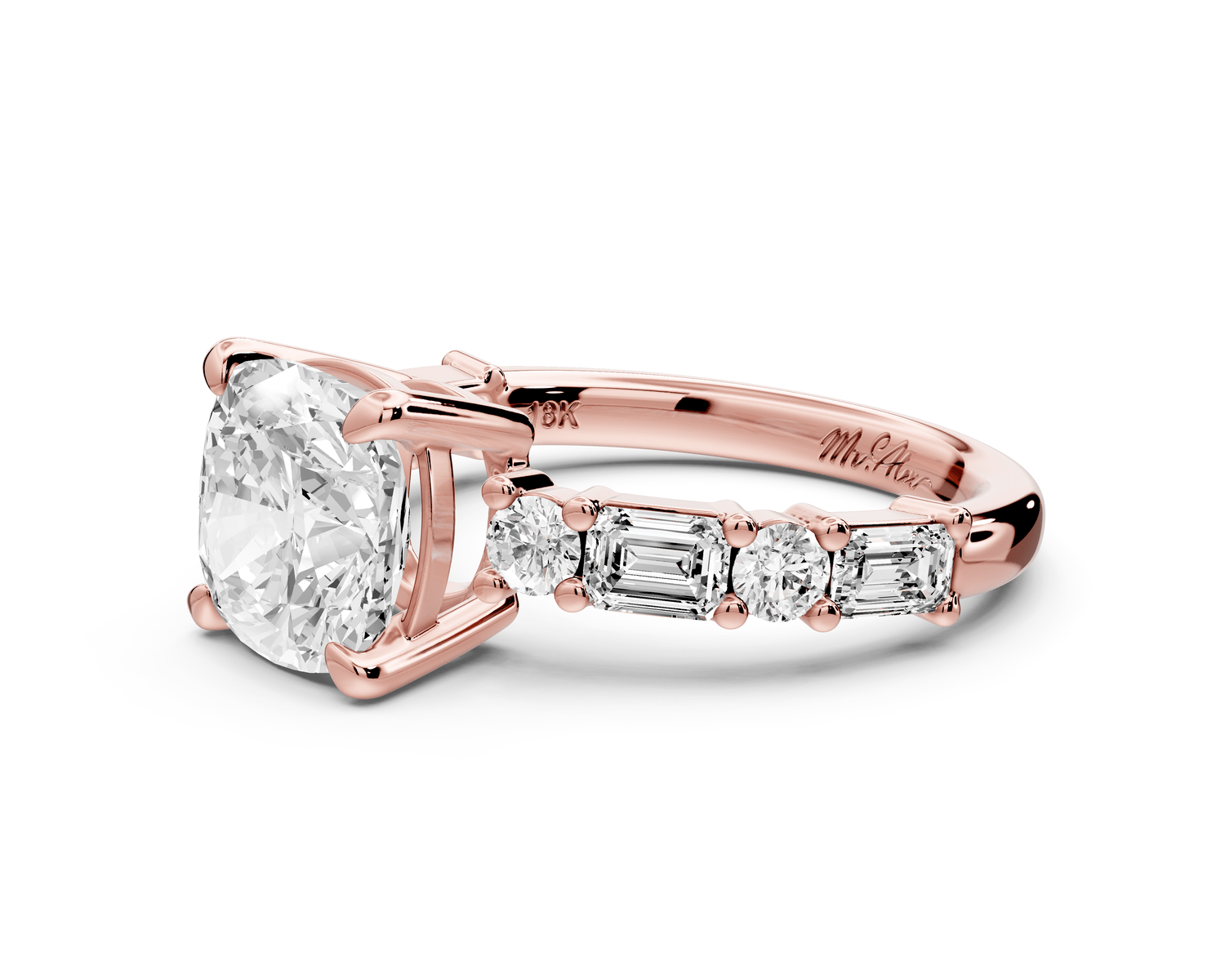 Juliette - 2ct 18k rose gold cushion with Alternating Round and Emerald 8 - Stone Band Engagement Ring - Mr. Alex Jewelry