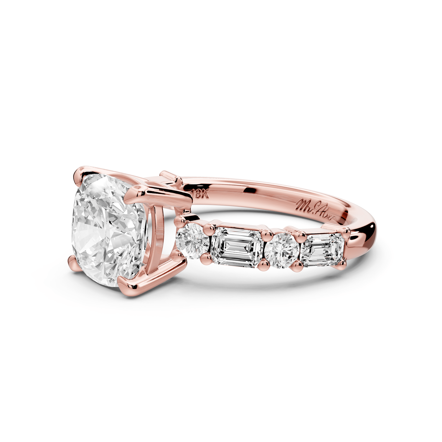 Juliette - 2ct 18k rose gold cushion with Alternating Round and Emerald 8 - Stone Band Engagement Ring - Mr. Alex Jewelry