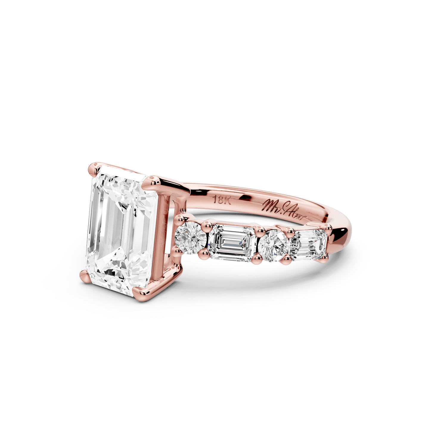 Juliette - 2ct 18k rose gold emerald with Alternating Round and Emerald 8 - Stone Band Engagement Ring - Mr. Alex Jewelry