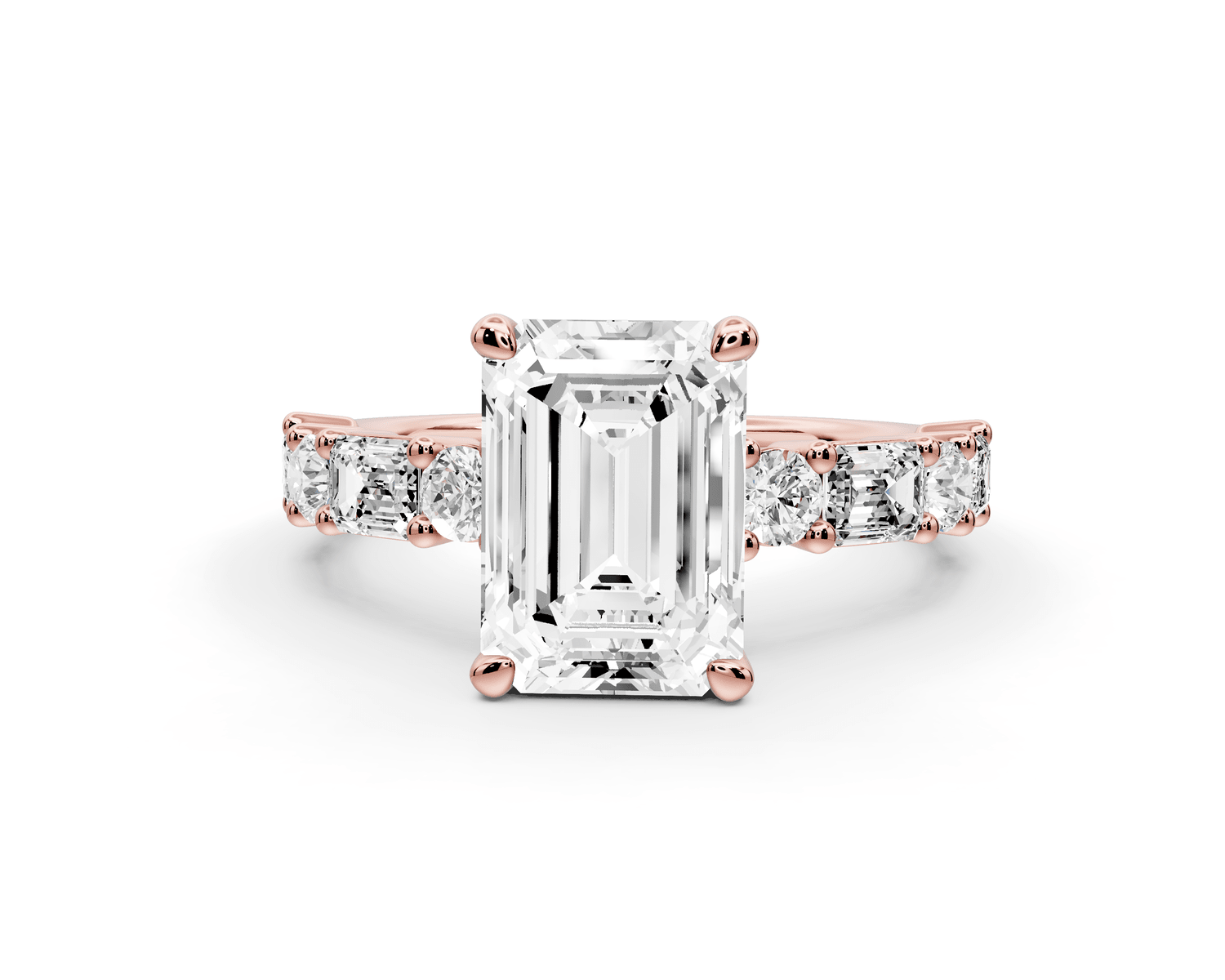Juliette - 2ct 18k rose gold emerald with Alternating Round and Emerald 8 - Stone Band Engagement Ring - Mr. Alex Jewelry