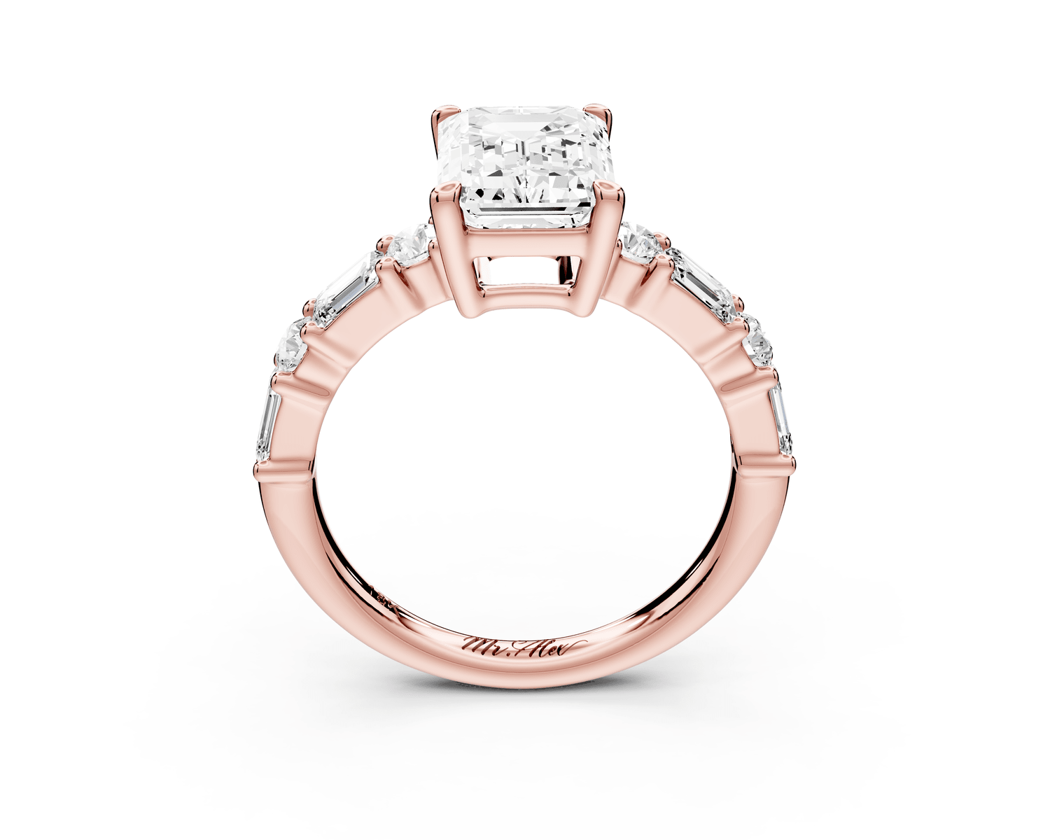 Juliette - 2ct 18k rose gold emerald with Alternating Round and Emerald 8 - Stone Band Engagement Ring - Mr. Alex Jewelry