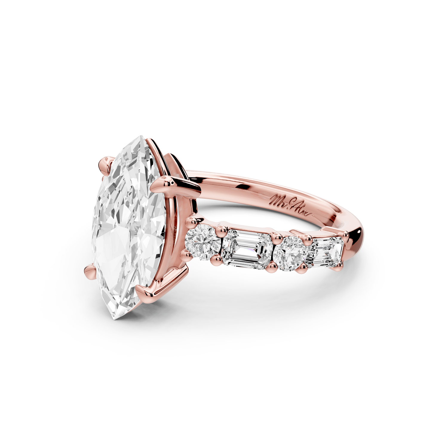 Juliette - 2ct 18k rose gold marquise with Alternating Round and Emerald 8 - Stone Band Engagement Ring - Mr. Alex Jewelry