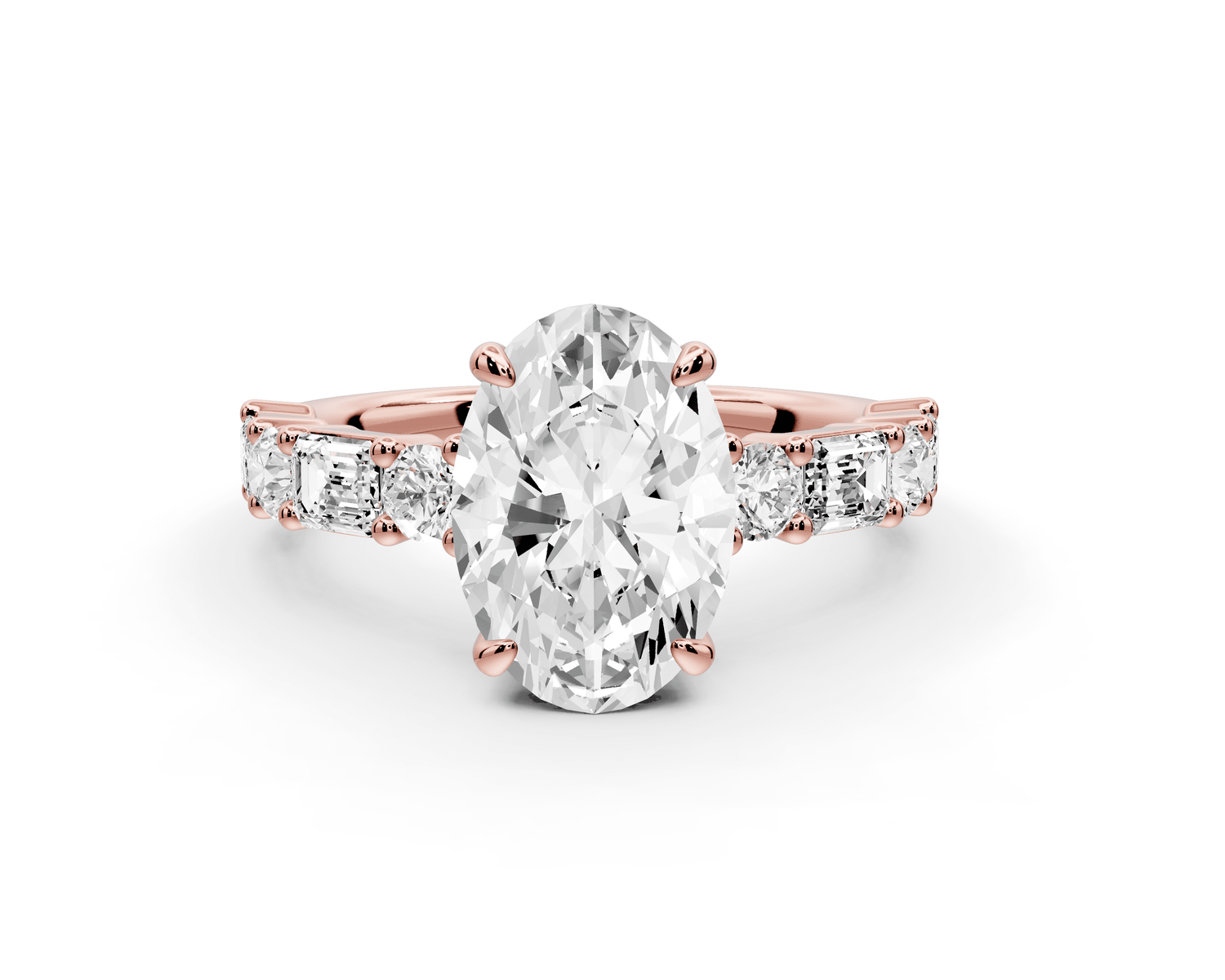 Juliette - 2ct 18k rose gold oval with Alternating Round and Emerald 8 - Stone Band Engagement Ring - Mr. Alex Jewelry