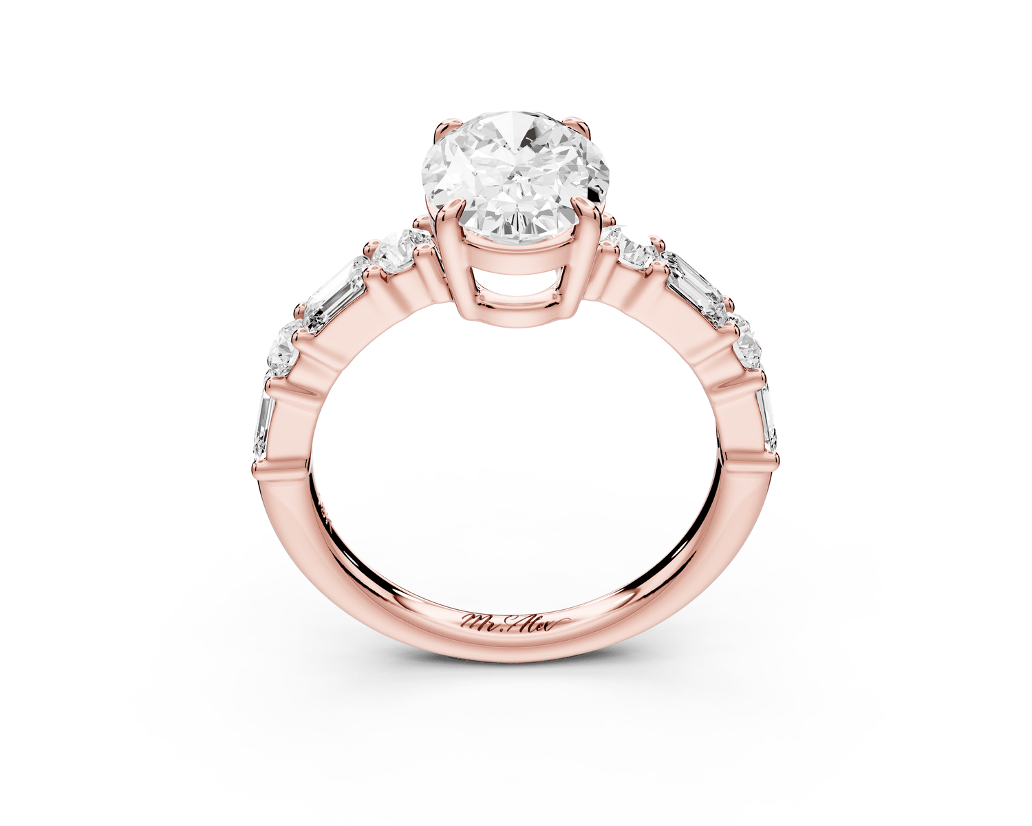 Juliette - 2ct 18k rose gold oval with Alternating Round and Emerald 8 - Stone Band Engagement Ring - Mr. Alex Jewelry