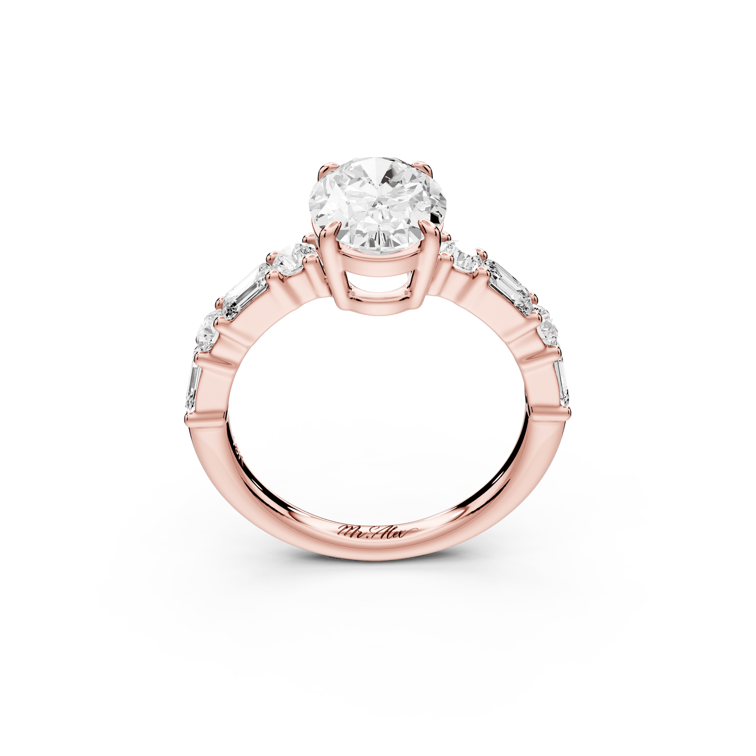 Juliette - 2ct 18k rose gold oval with Alternating Round and Emerald 8 - Stone Band Engagement Ring - Mr. Alex Jewelry