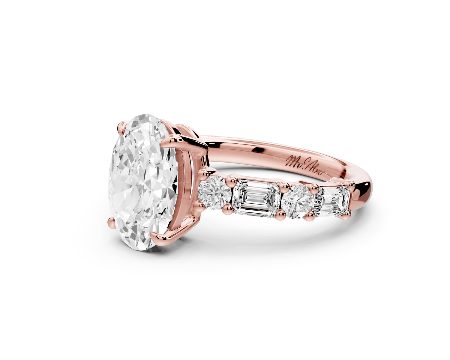 Juliette - 2ct 18k rose gold oval with Alternating Round and Emerald 8 - Stone Band Engagement Ring - Mr. Alex Jewelry