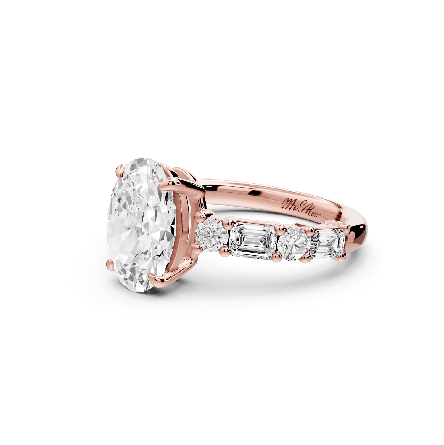 Juliette - 2ct 18k rose gold oval with Alternating Round and Emerald 8 - Stone Band Engagement Ring - Mr. Alex Jewelry