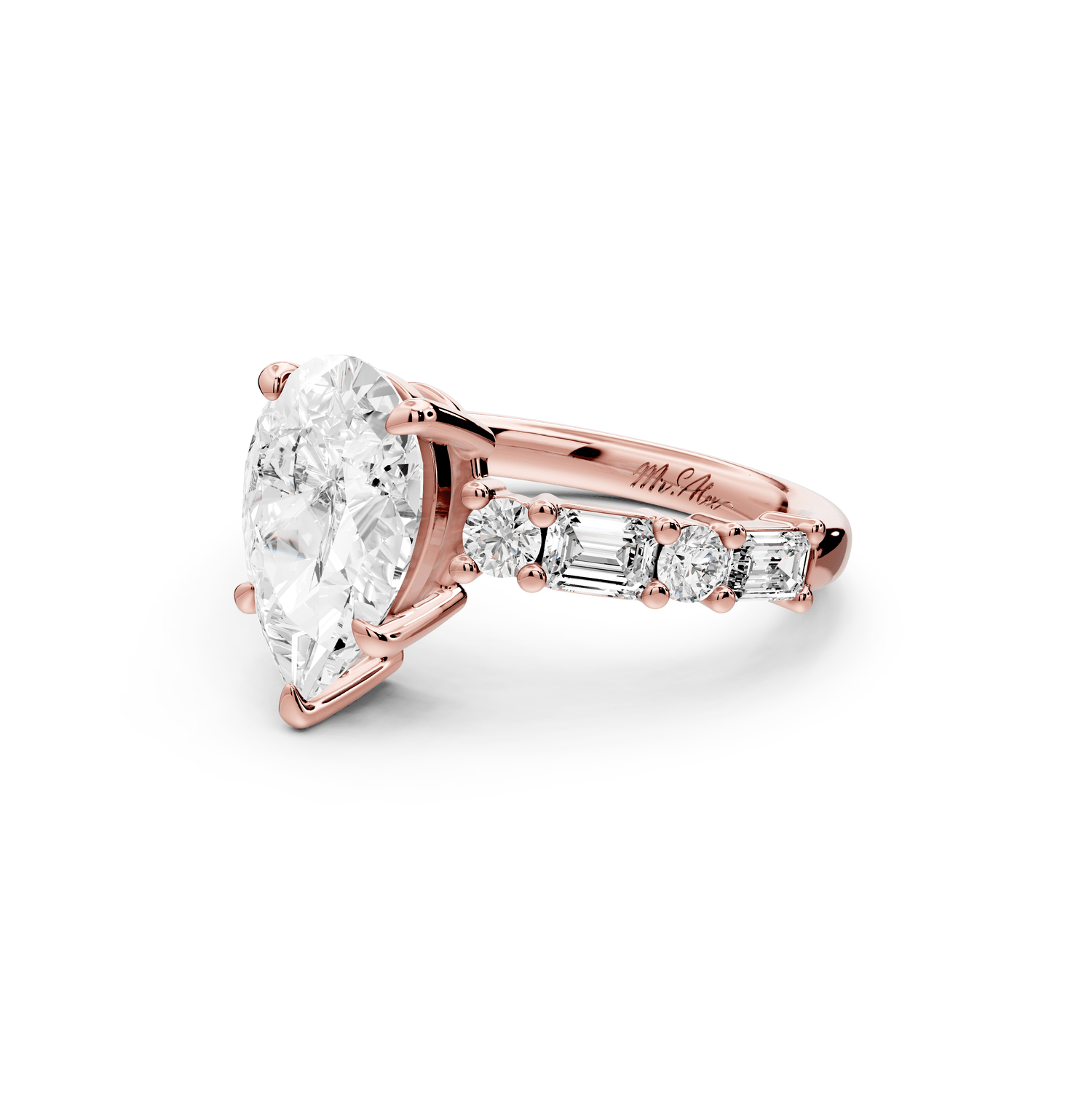 Juliette - 2ct 18k rose gold pear with Alternating Round and Emerald 8 - Stone Band Engagement Ring - Mr. Alex Jewelry