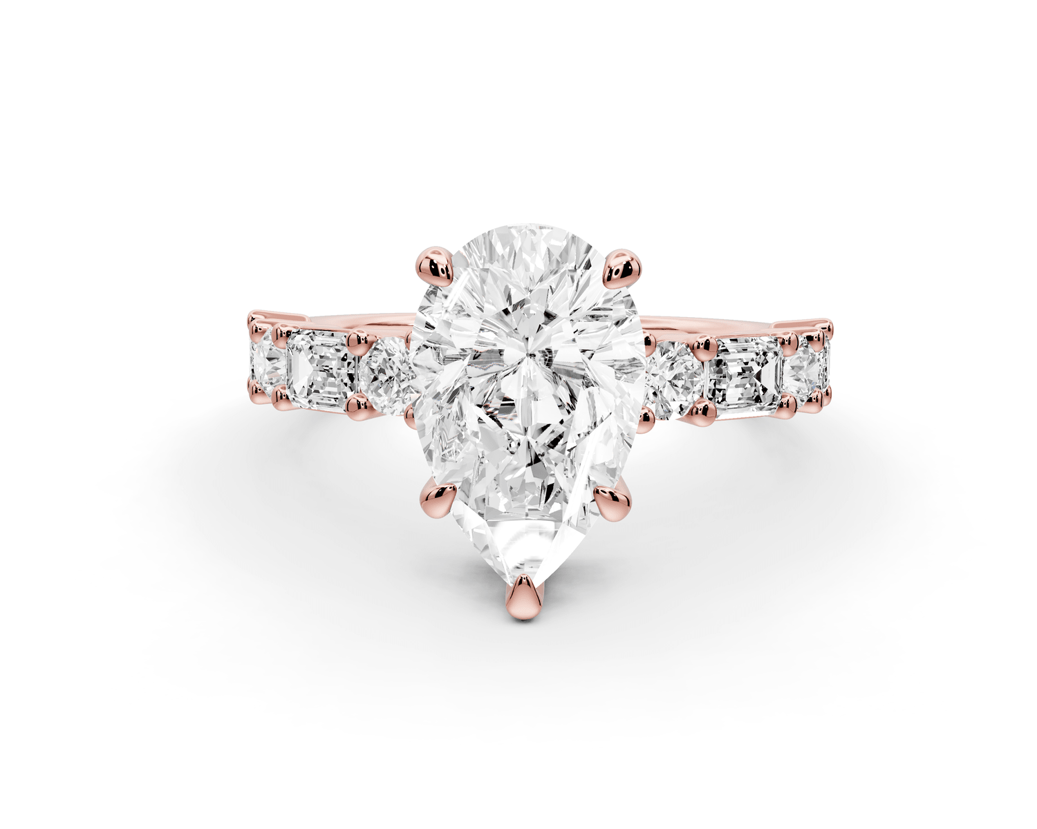 Juliette - 2ct 18k rose gold pear with Alternating Round and Emerald 8 - Stone Band Engagement Ring - Mr. Alex Jewelry