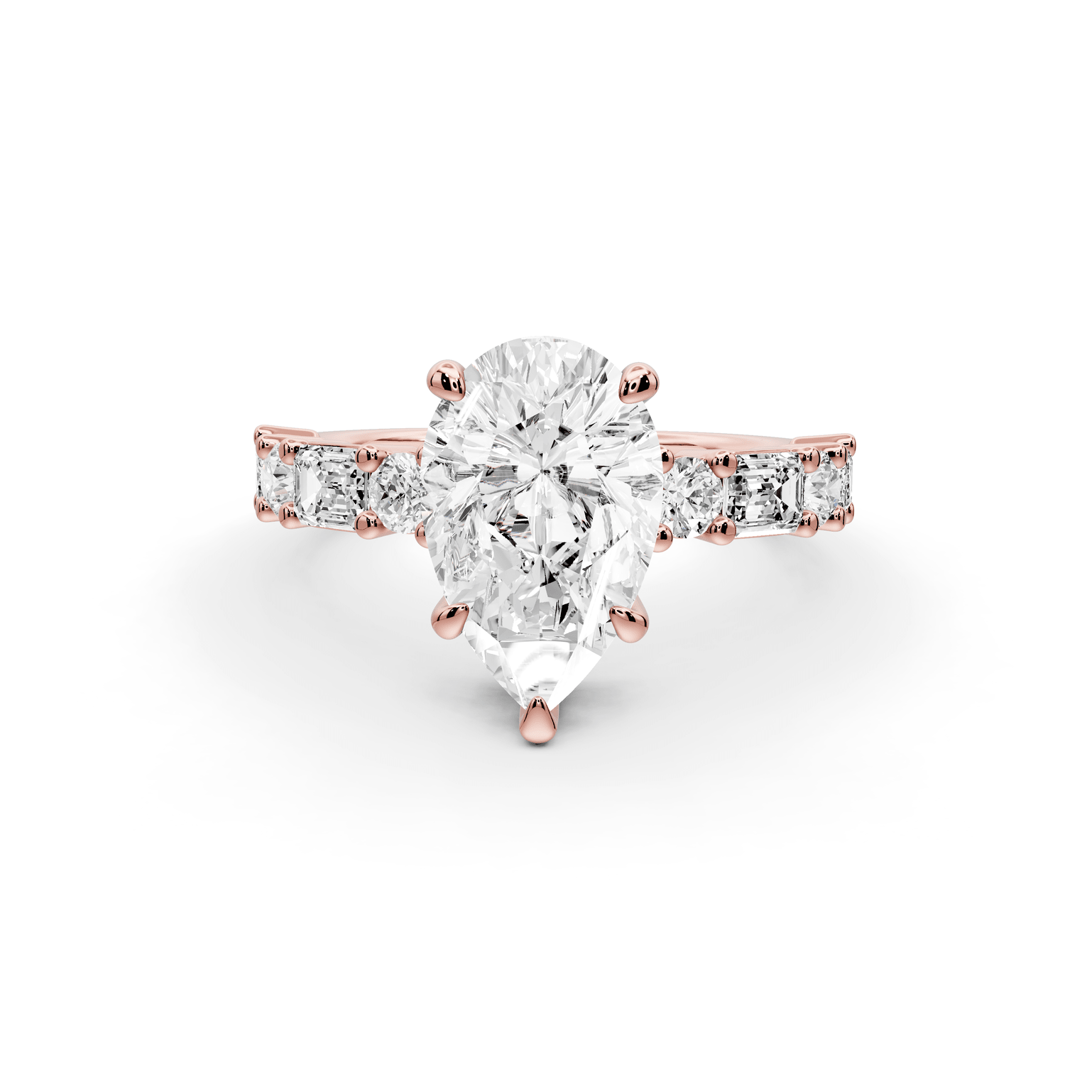 Juliette - 2ct 18k rose gold pear with Alternating Round and Emerald 8 - Stone Band Engagement Ring - Mr. Alex Jewelry
